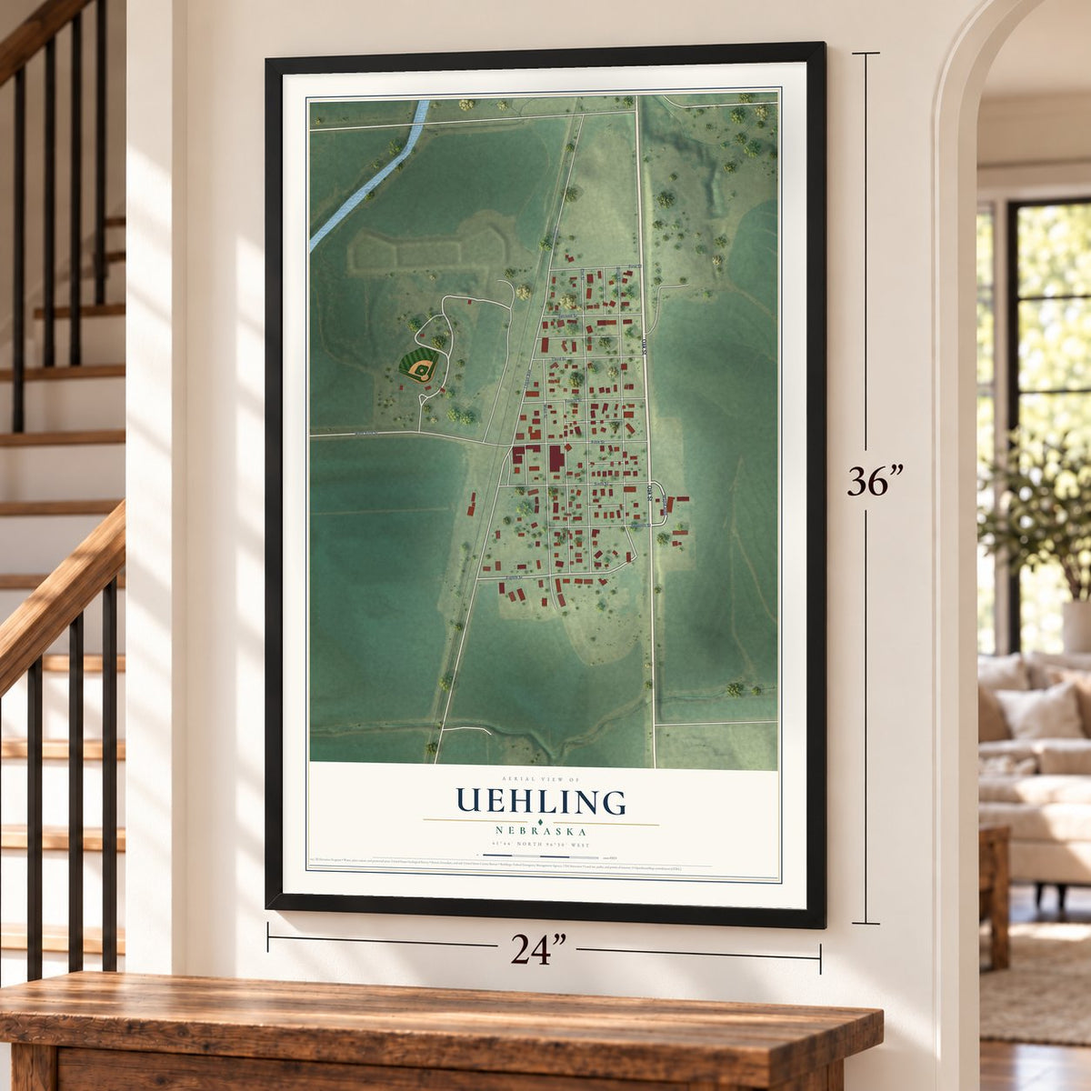 Uehling, Nebraska map, 24 x 36 inch print in a black frame by a staircase