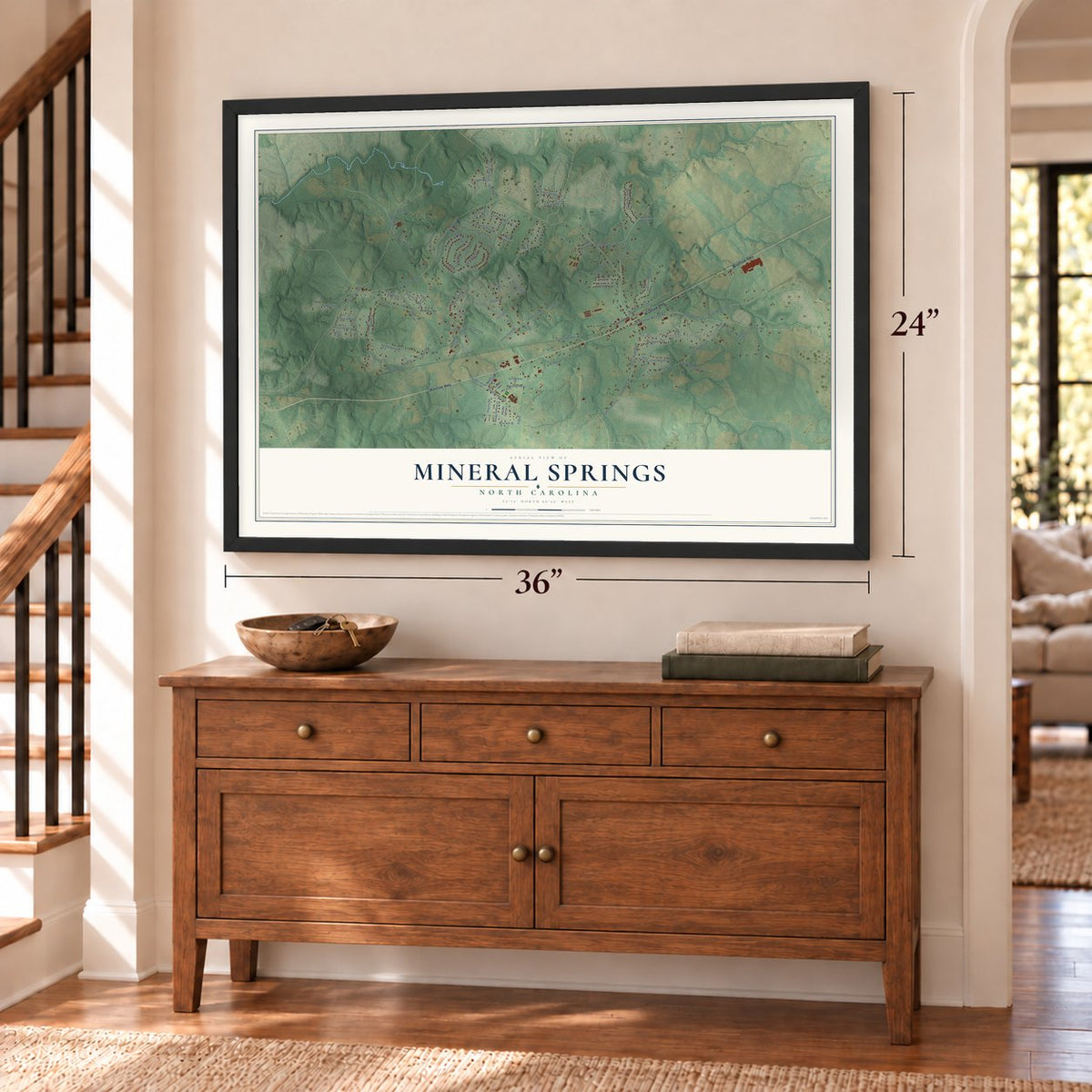 Mineral Springs, North Carolina map, 24 x 36 inch print in a black frame above a dresser by a staircase