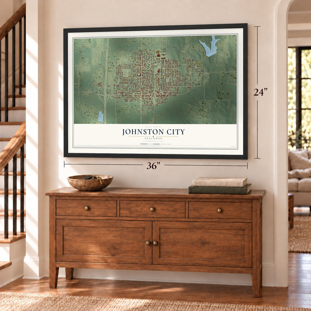 Johnston City, Illinois map, 24 x 36 inch print in a black frame above a dresser by a staircase