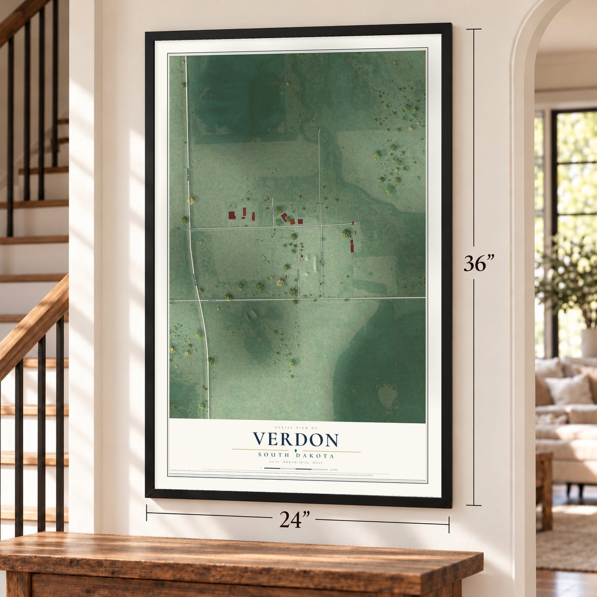 Verdon, South Dakota map, 24 x 36 inch print in a black frame by a staircase