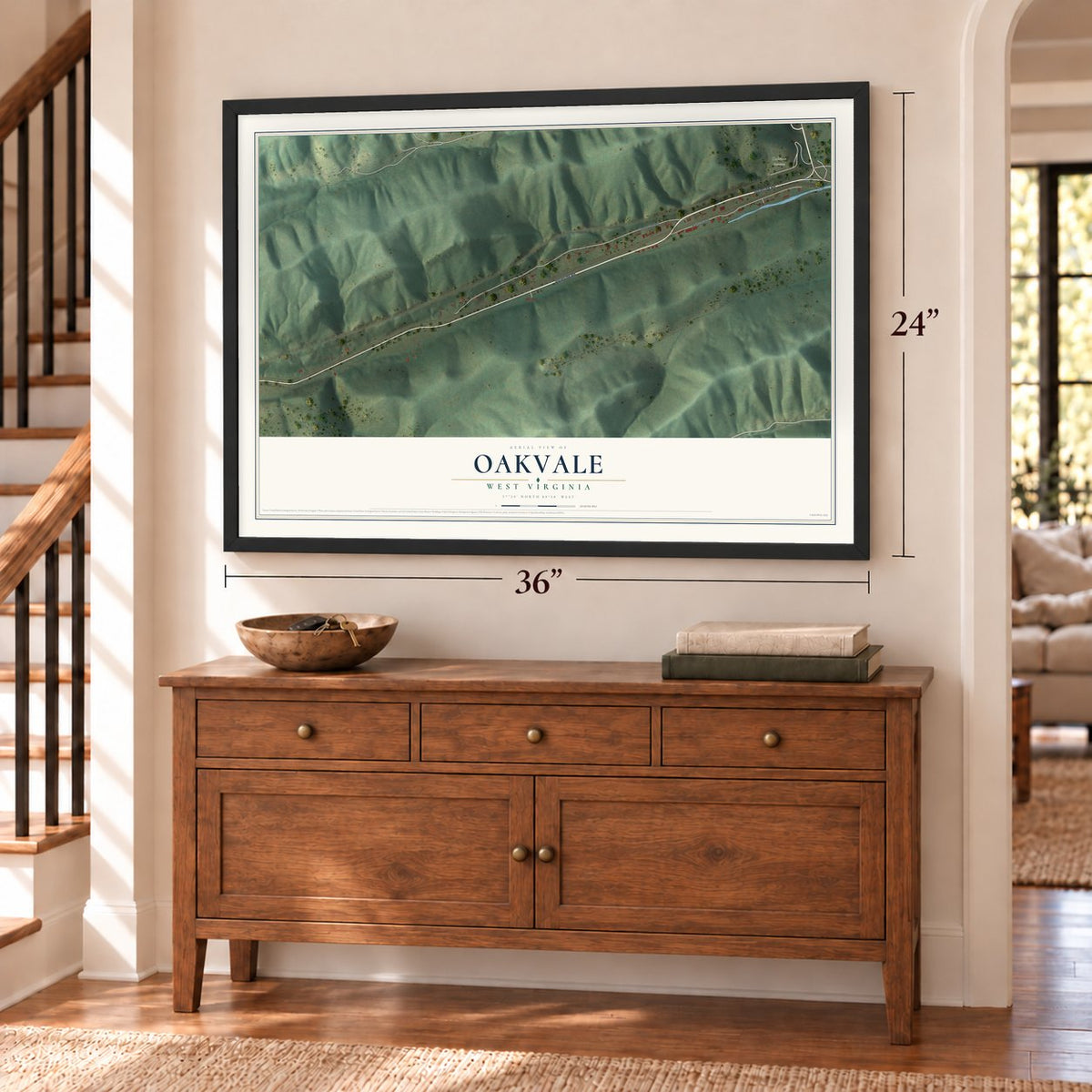 Oakvale, West Virginia map, 24 x 36 inch print in a black frame above a dresser by a staircase