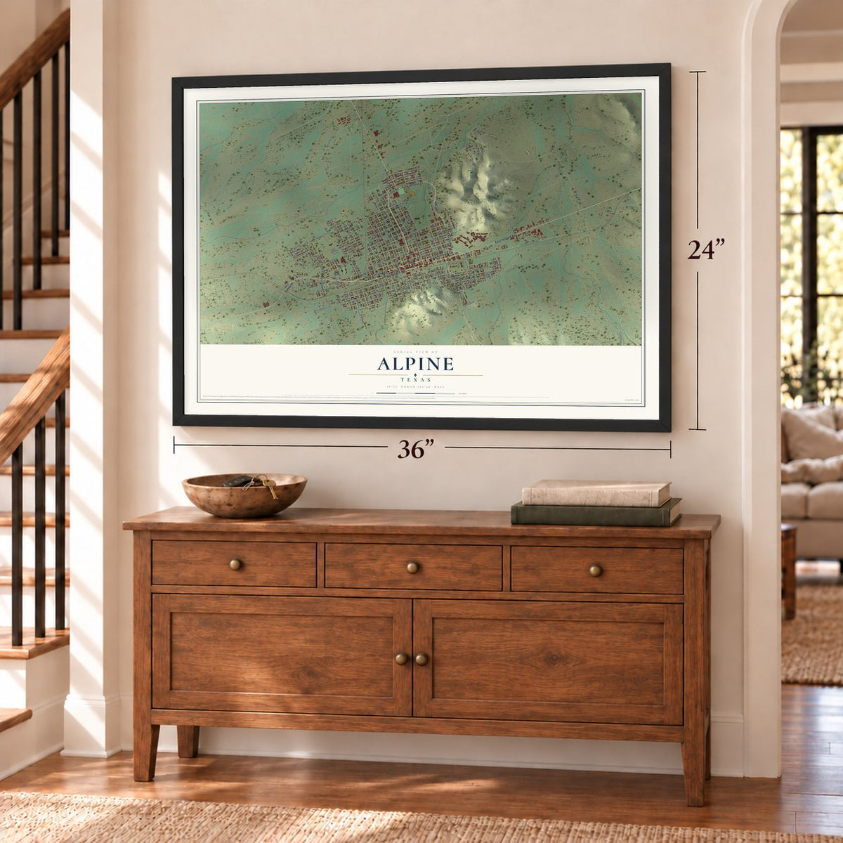 Alpine, Texas map, 24 x 36 inch print in a black frame above a dresser by a staircase