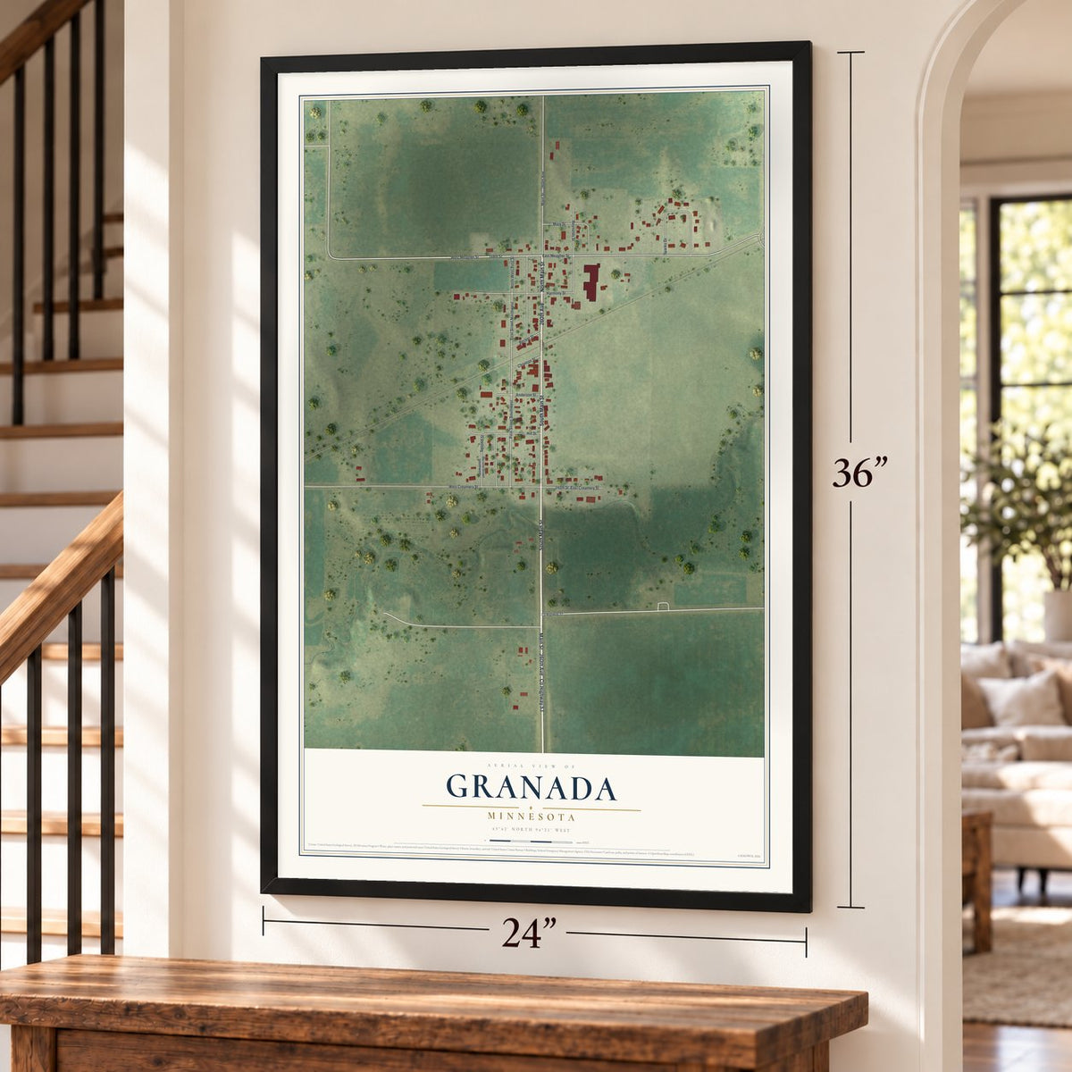 Granada, Minnesota map, 24 x 36 inch print in a black frame by a staircase