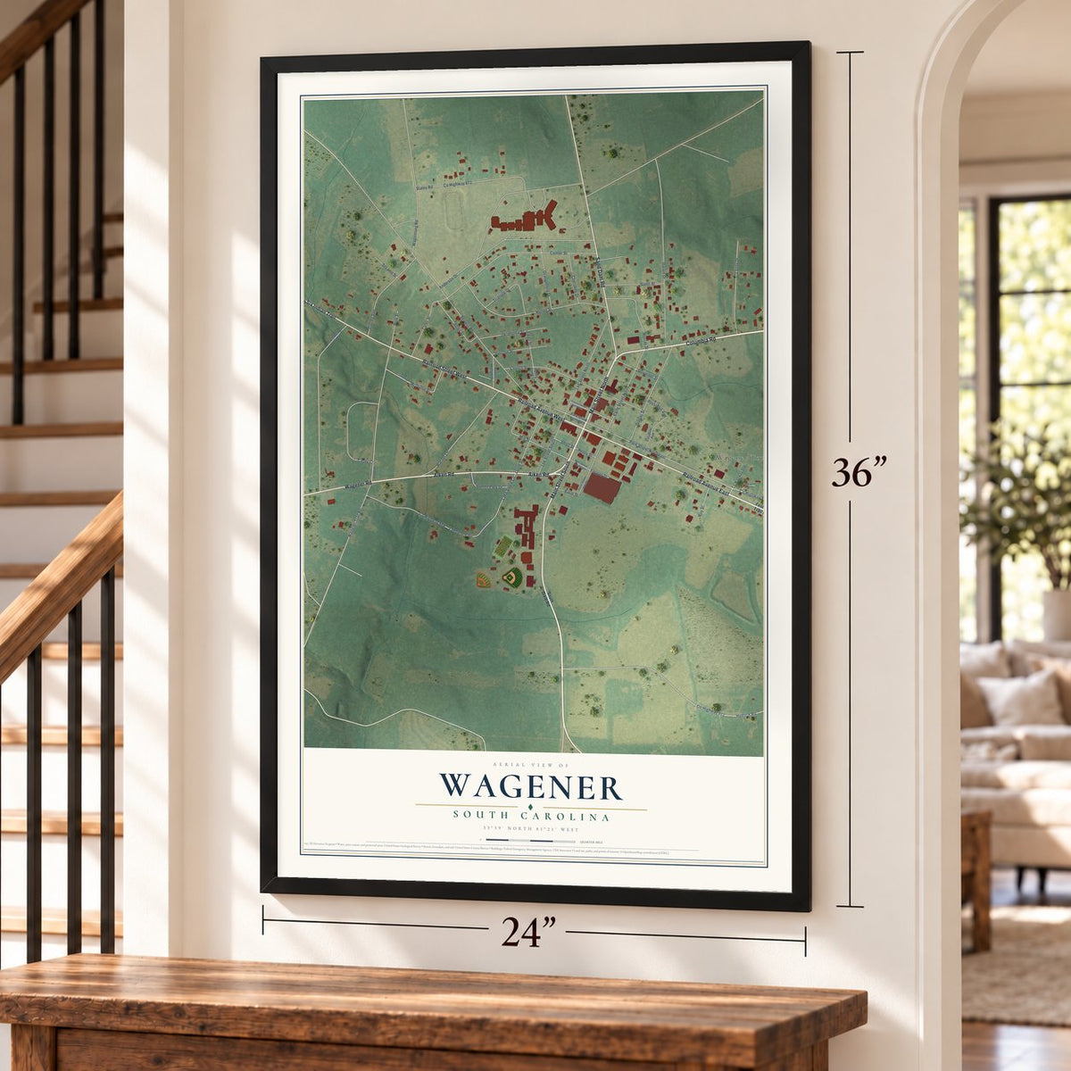 Wagener, South Carolina map, 24 x 36 inch print in a black frame by a staircase