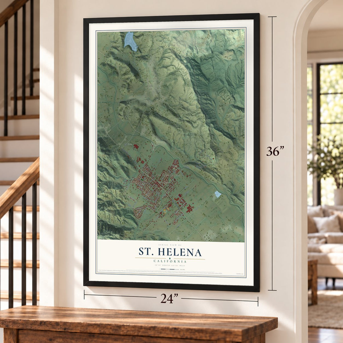 St. Helena, California map, 24 x 36 inch print in a black frame by a staircase