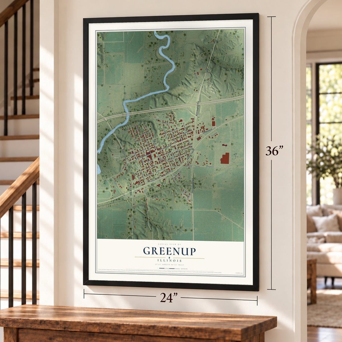 Greenup, Illinois map, 24 x 36 inch print in a black frame by a staircase