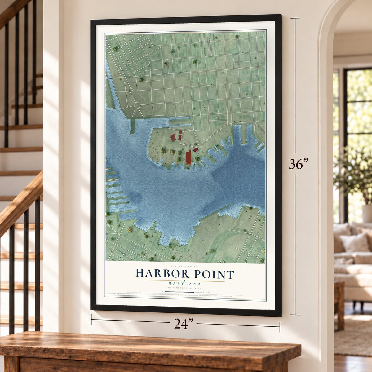 Harbor Point, Maryland map, 24 x 36 inch print in a black frame by a staircase