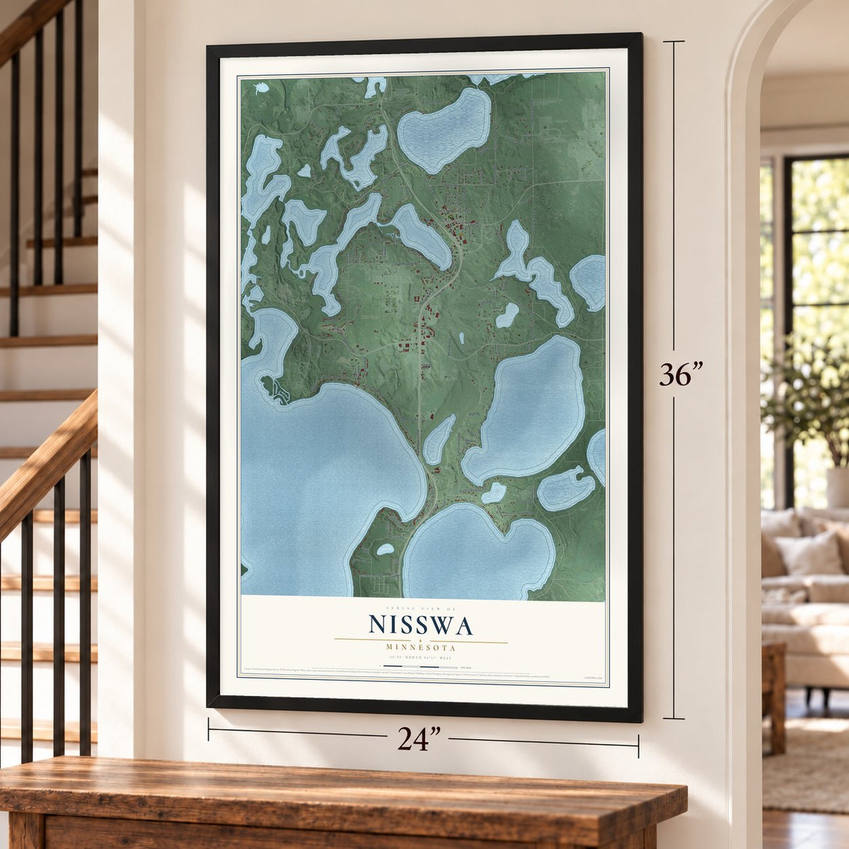 Nisswa, Minnesota map, 24 x 36 inch print in a black frame by a staircase