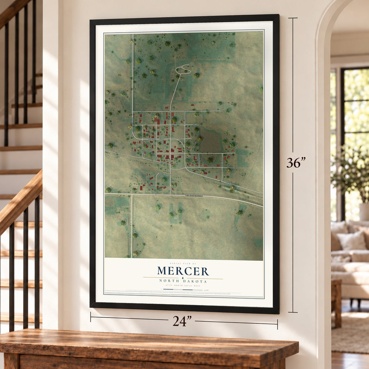 Mercer, North Dakota map, 24 x 36 inch print in a black frame by a staircase