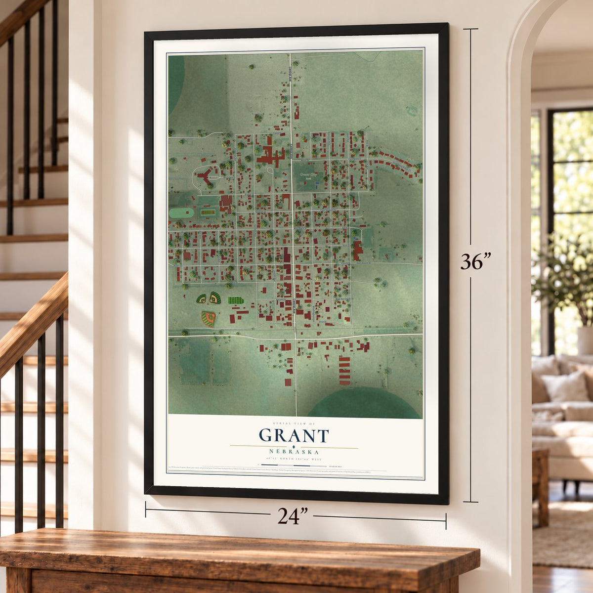 Grant, Nebraska map, 24 x 36 inch print in a black frame by a staircase
