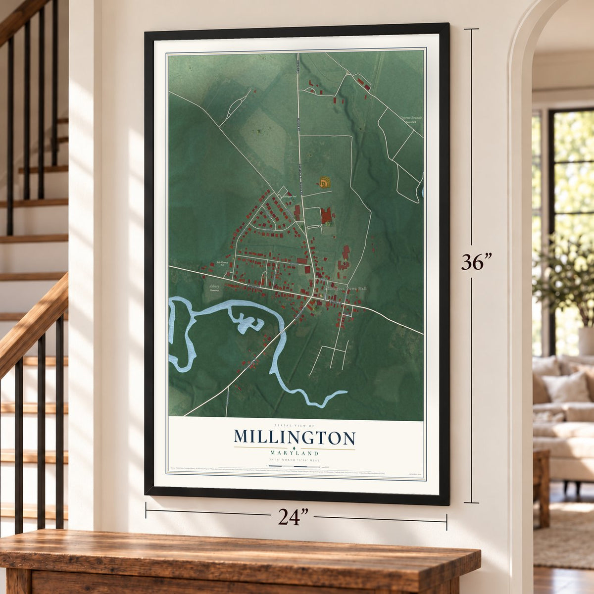 Millington, Maryland map, 24 x 36 inch print in a black frame by a staircase
