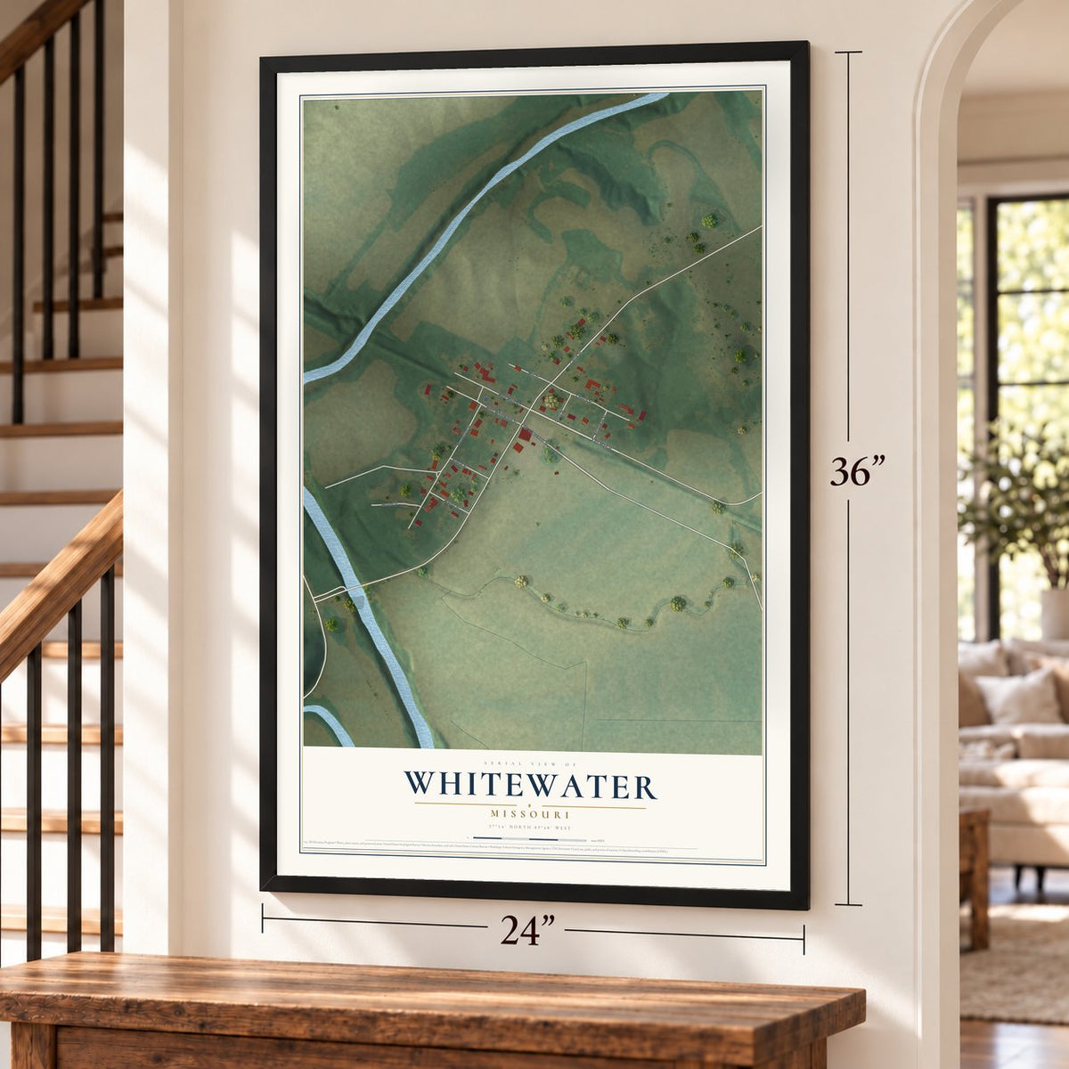 Whitewater, Missouri map, 24 x 36 inch print in a black frame by a staircase