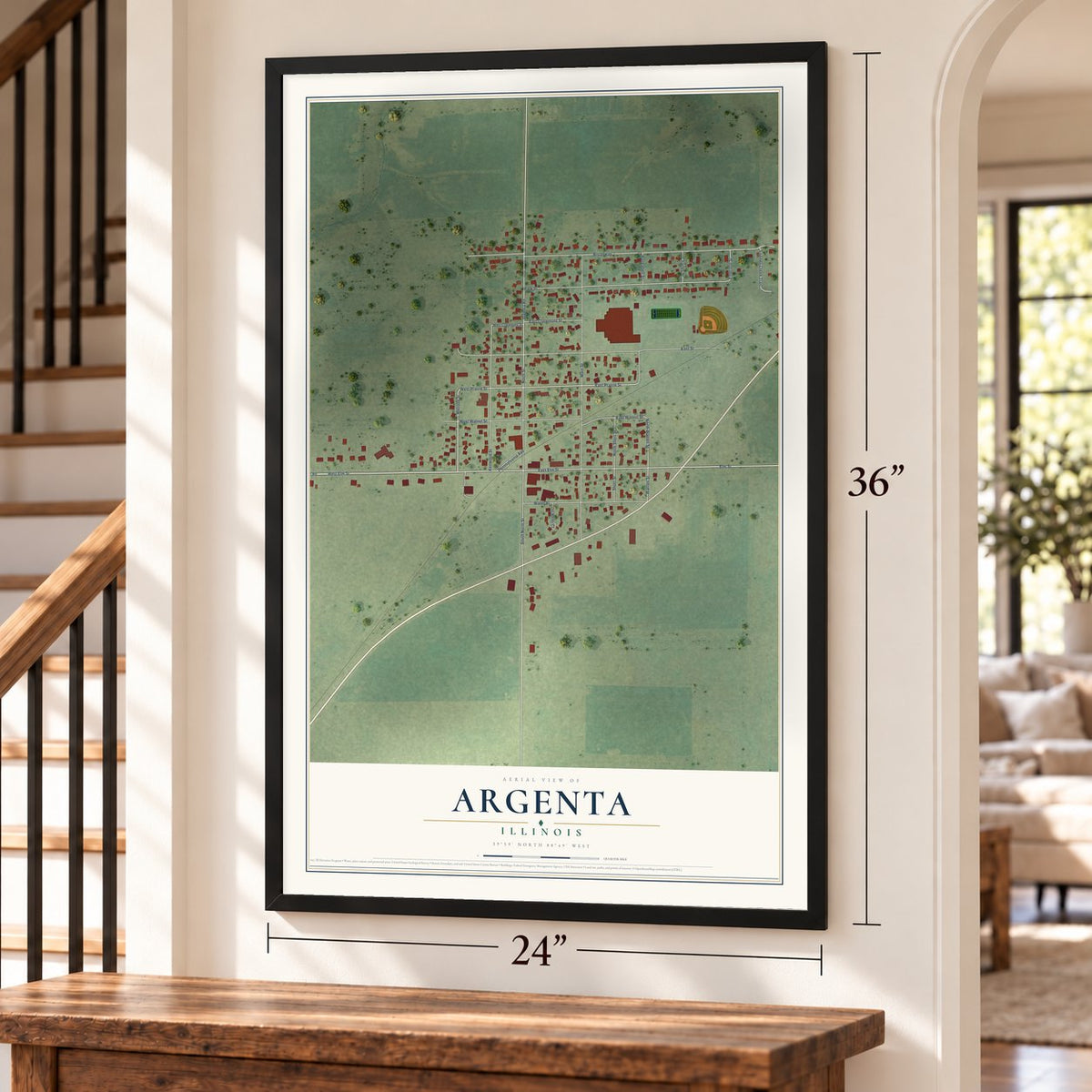 Argenta, Illinois map, 24 x 36 inch print in a black frame by a staircase