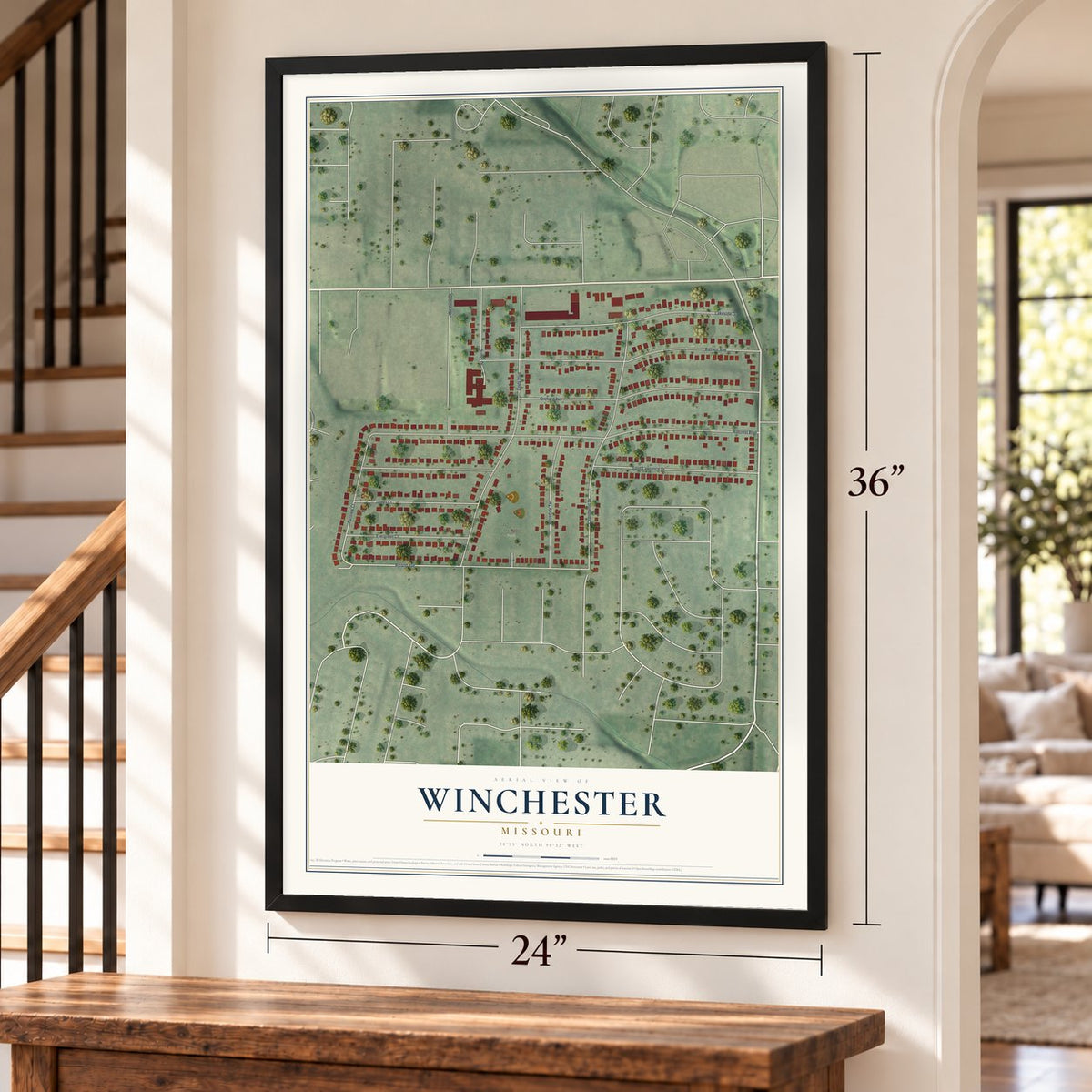 Winchester, Missouri map, 24 x 36 inch print in a black frame by a staircase
