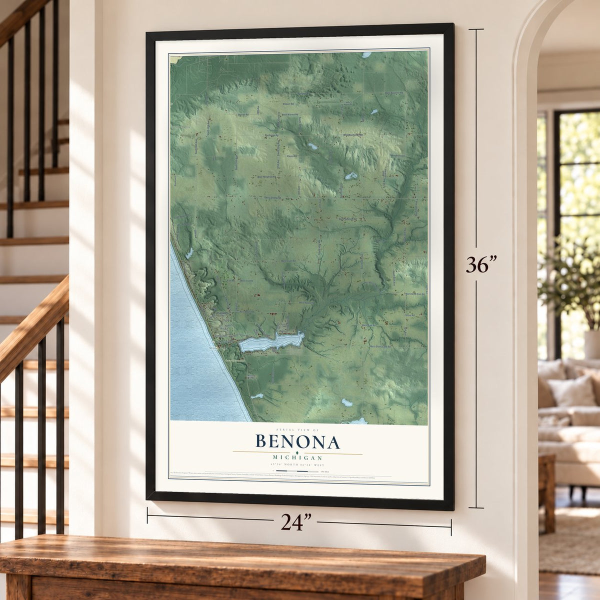 Benona, Michigan map, 24 x 36 inch print in a black frame by a staircase