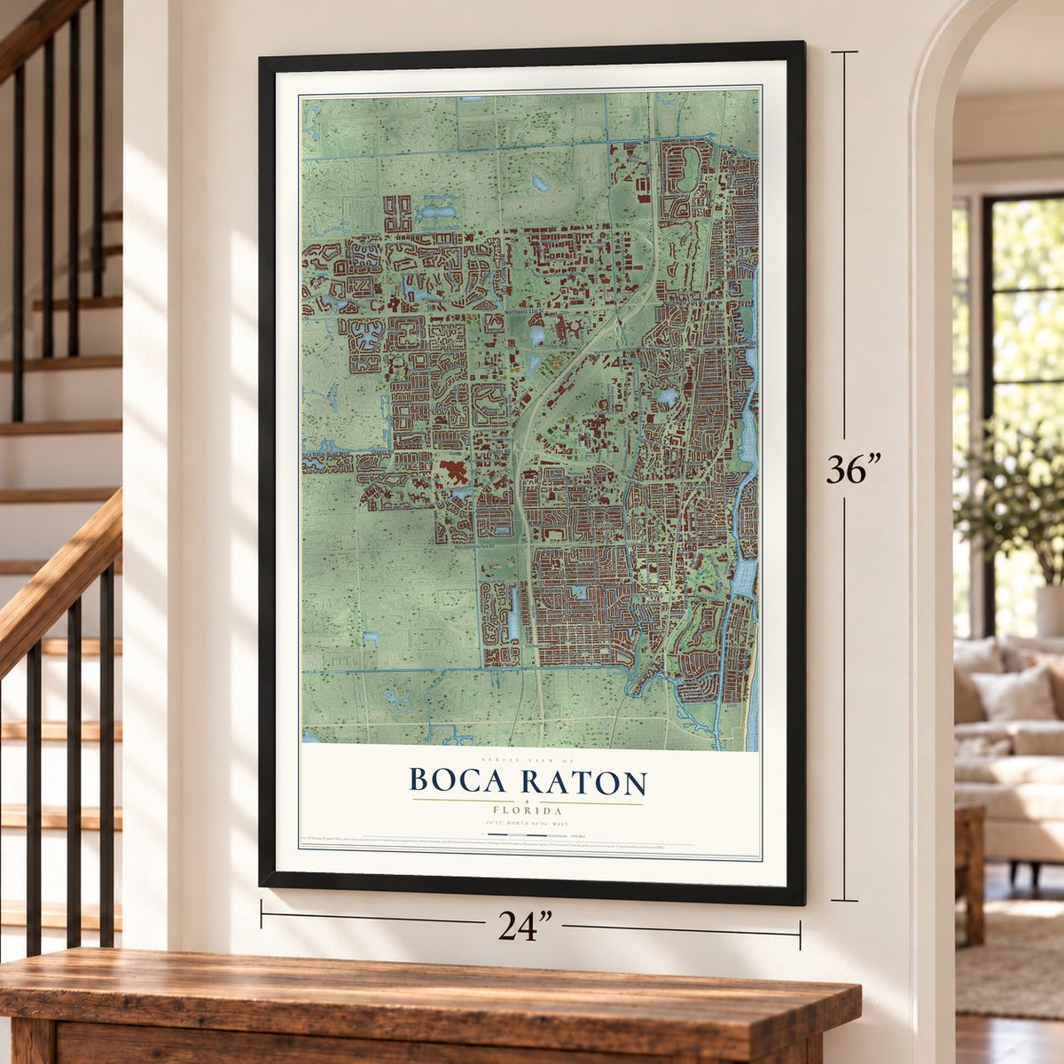 Boca Raton, Florida map, 24 x 36 inch print in a black frame by a staircase