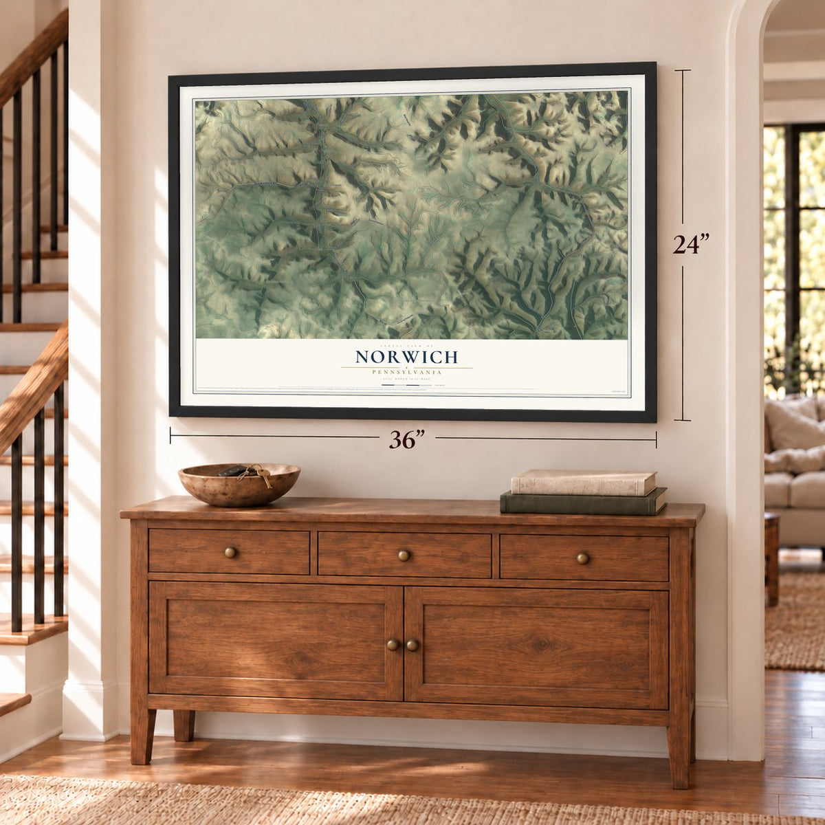 Norwich, Pennsylvania map, 24 x 36 inch print in a black frame above a dresser by a staircase