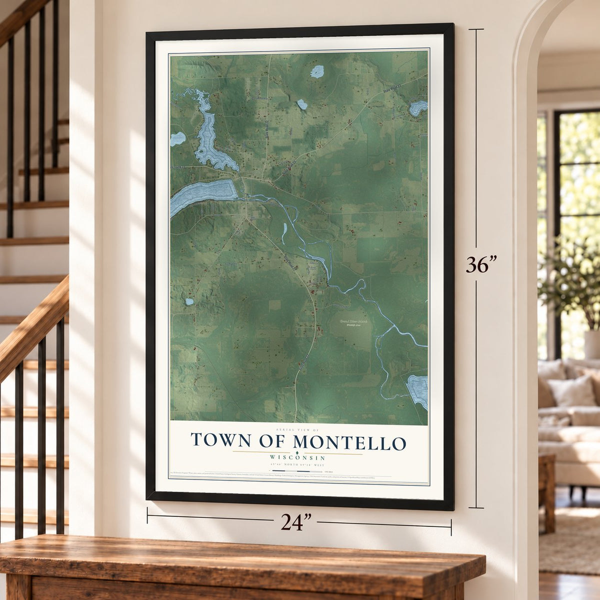 Town of Montello, Wisconsin map, 24 x 36 inch print in a black frame by a staircase