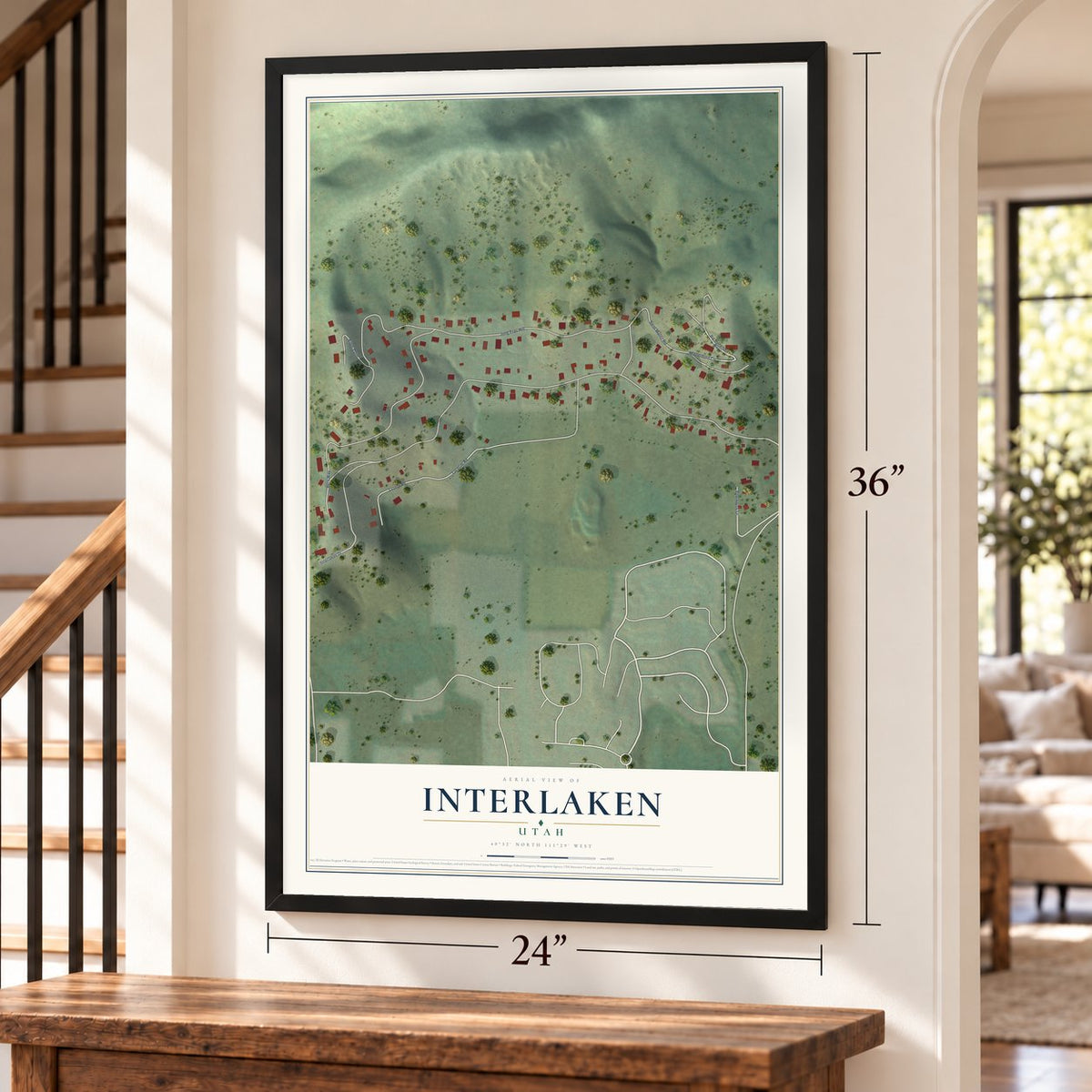 Interlaken, Utah map, 24 x 36 inch print in a black frame by a staircase