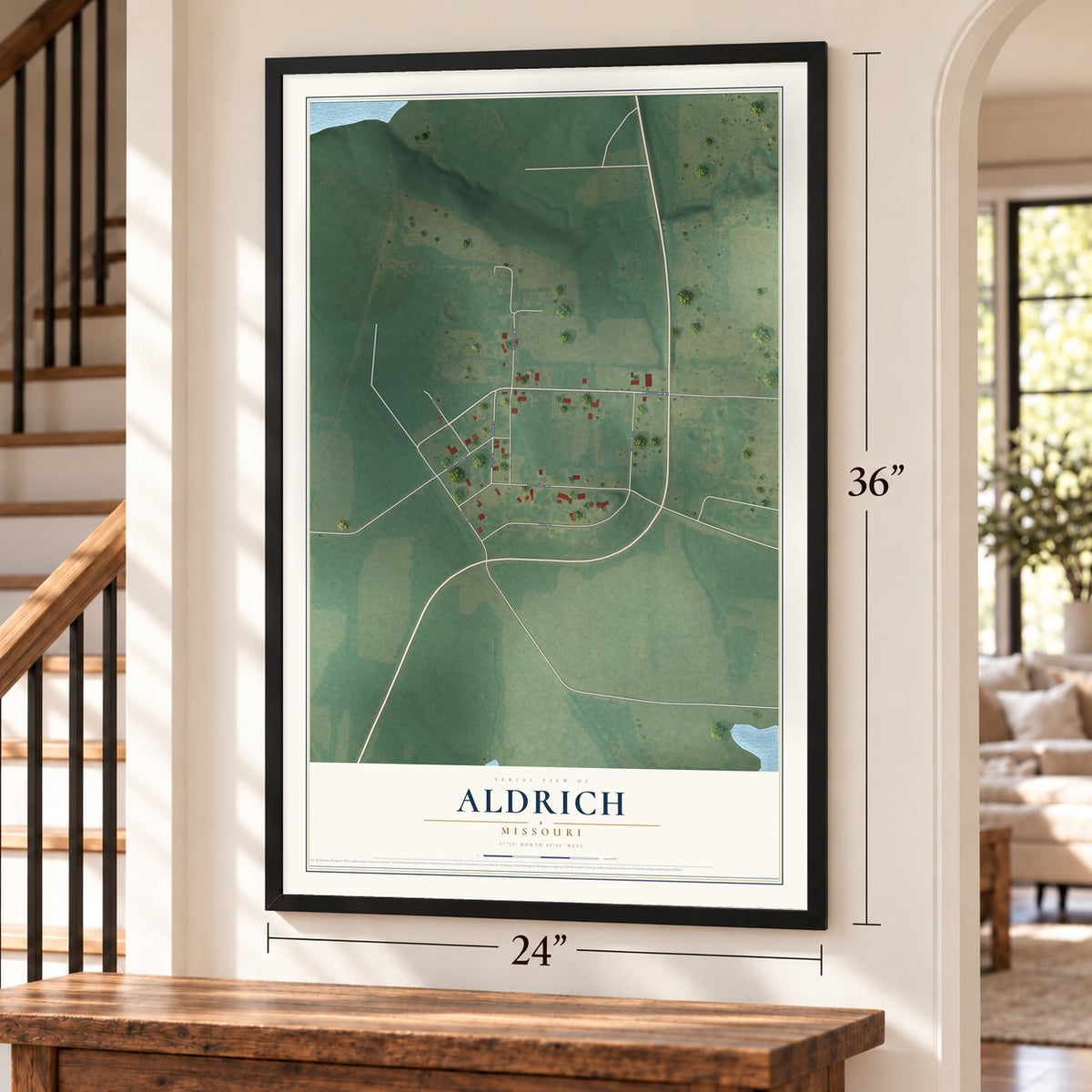 Aldrich, Missouri map, 24 x 36 inch print in a black frame by a staircase