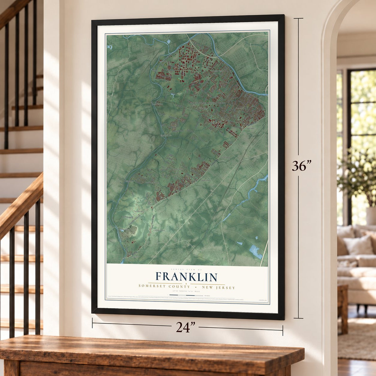 Franklin, Somerset County, New Jersey map, 24 x 36 inch print in a black frame by a staircase
