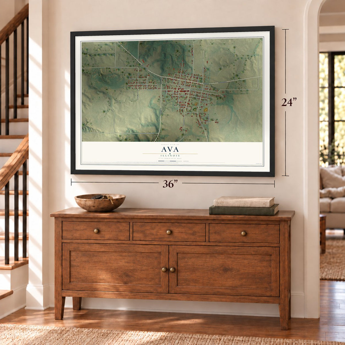 Ava, Illinois map, 24 x 36 inch print in a black frame above a dresser by a staircase