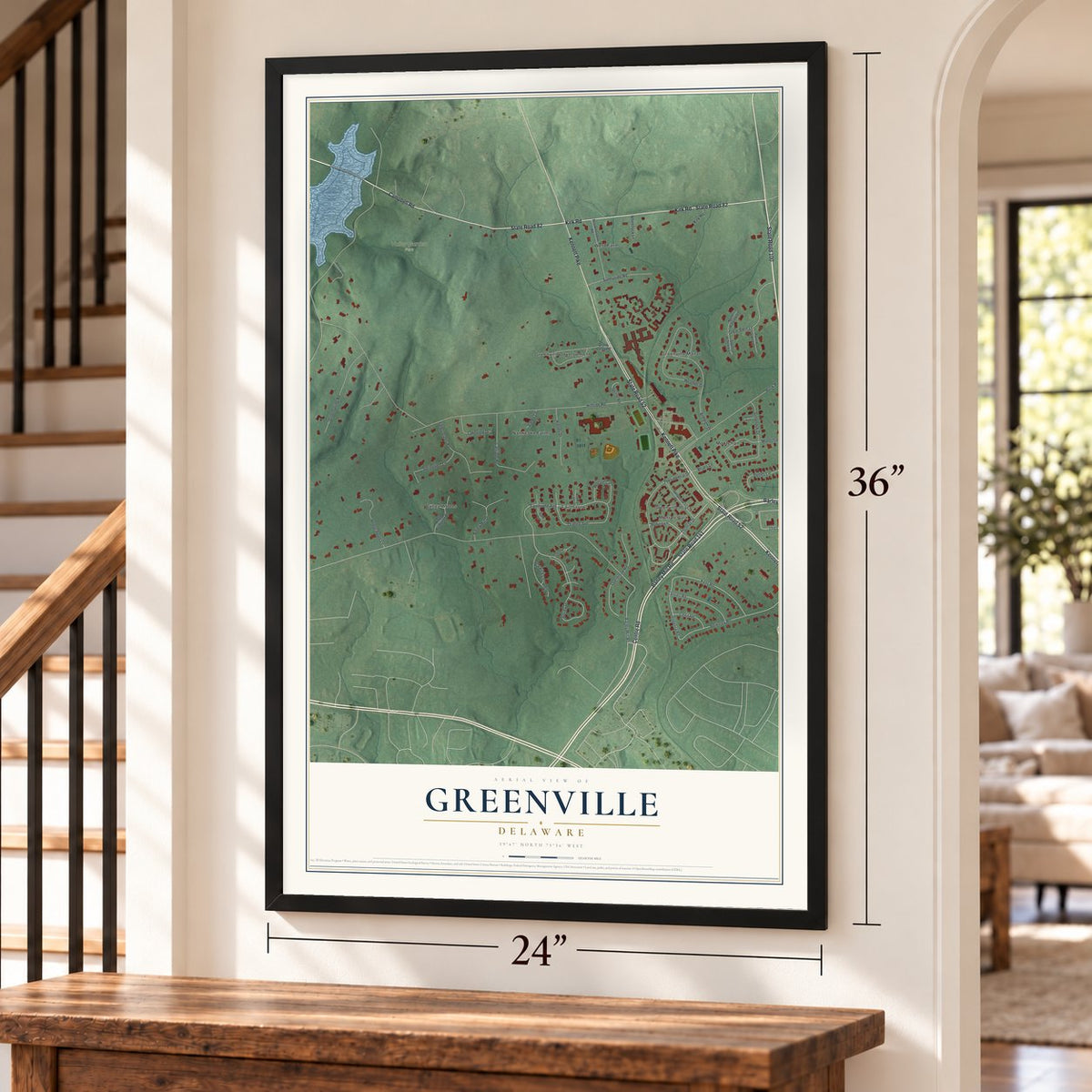 Greenville, Delaware map, 24 x 36 inch print in a black frame by a staircase