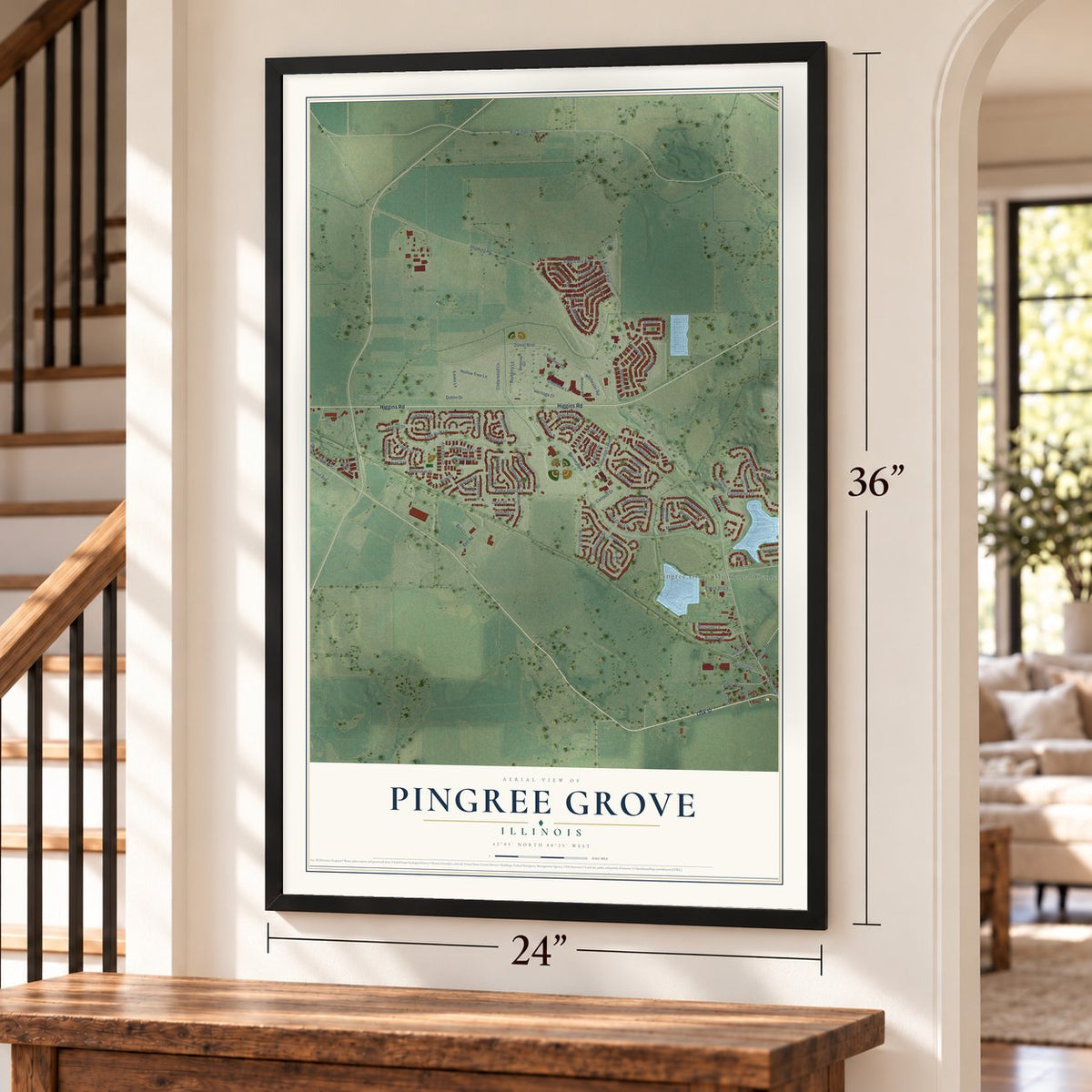 Pingree Grove, Illinois map, 24 x 36 inch print in a black frame by a staircase
