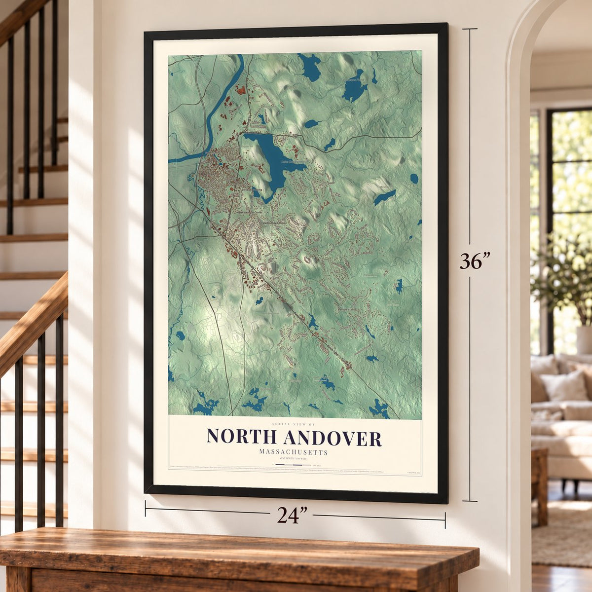 North Andover, Massachusetts map, 24 x 36 inch print in a black frame by a staircase