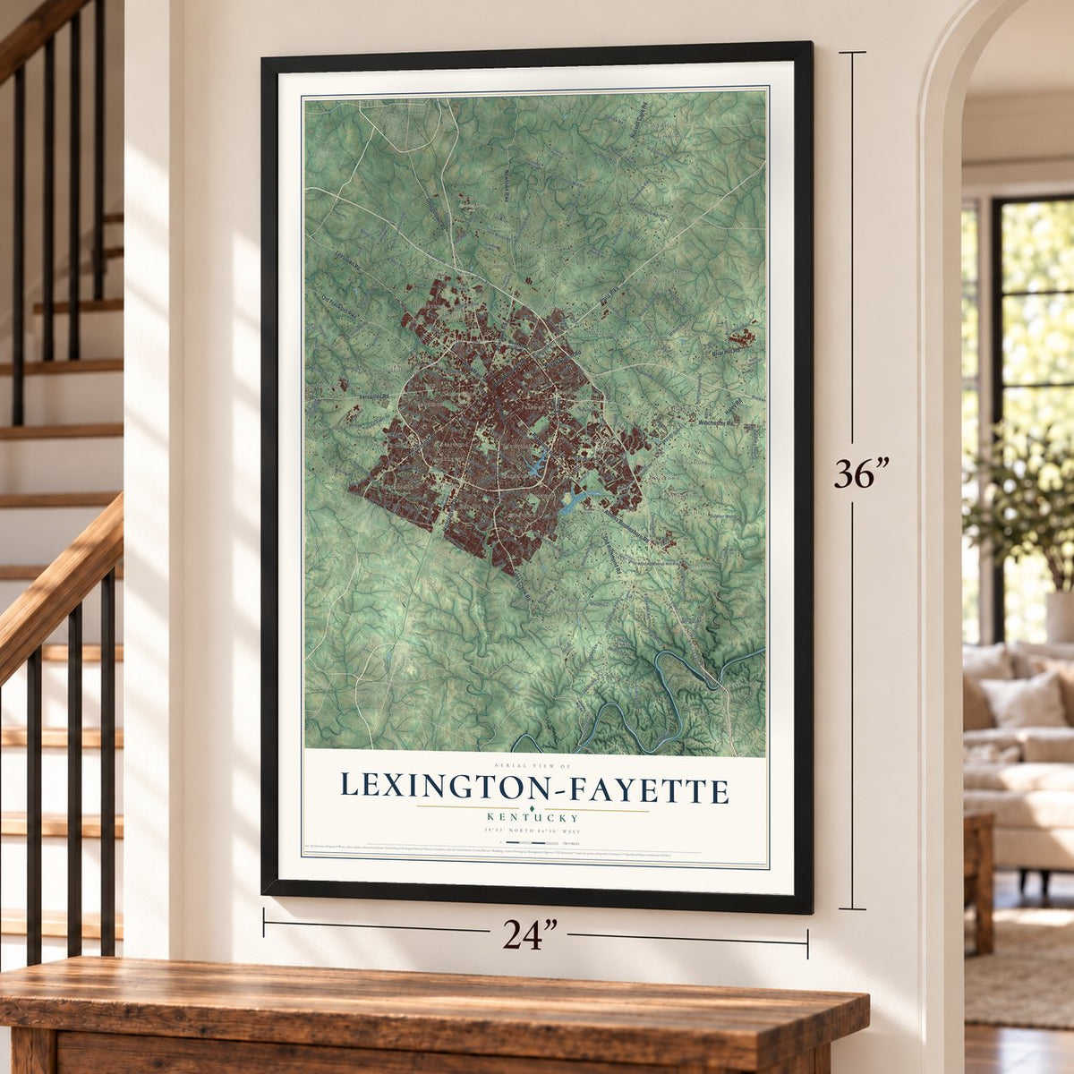 Lexington-Fayette, Kentucky map, 24 x 36 inch print in a black frame by a staircase