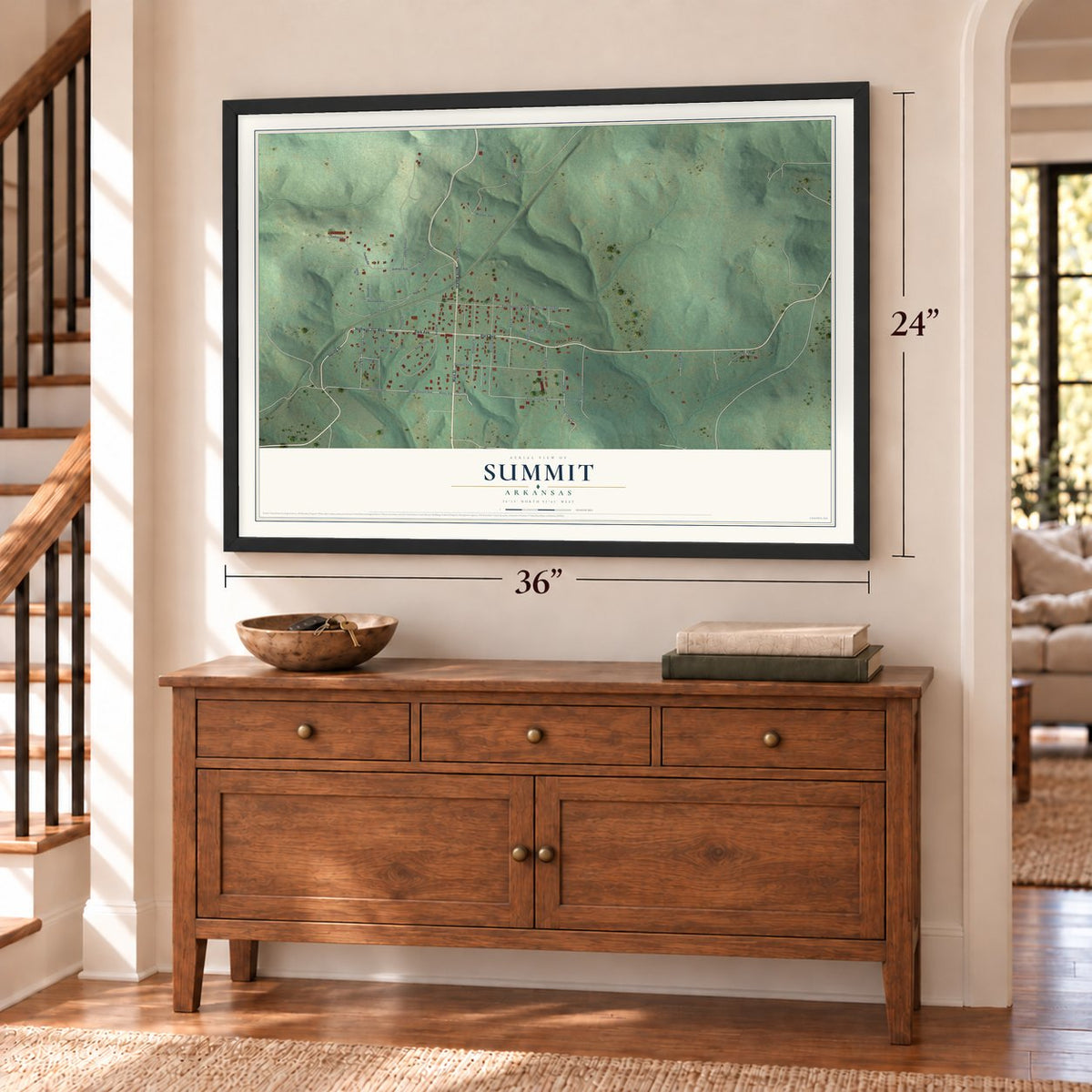 Summit, Arkansas map, 24 x 36 inch print in a black frame above a dresser by a staircase