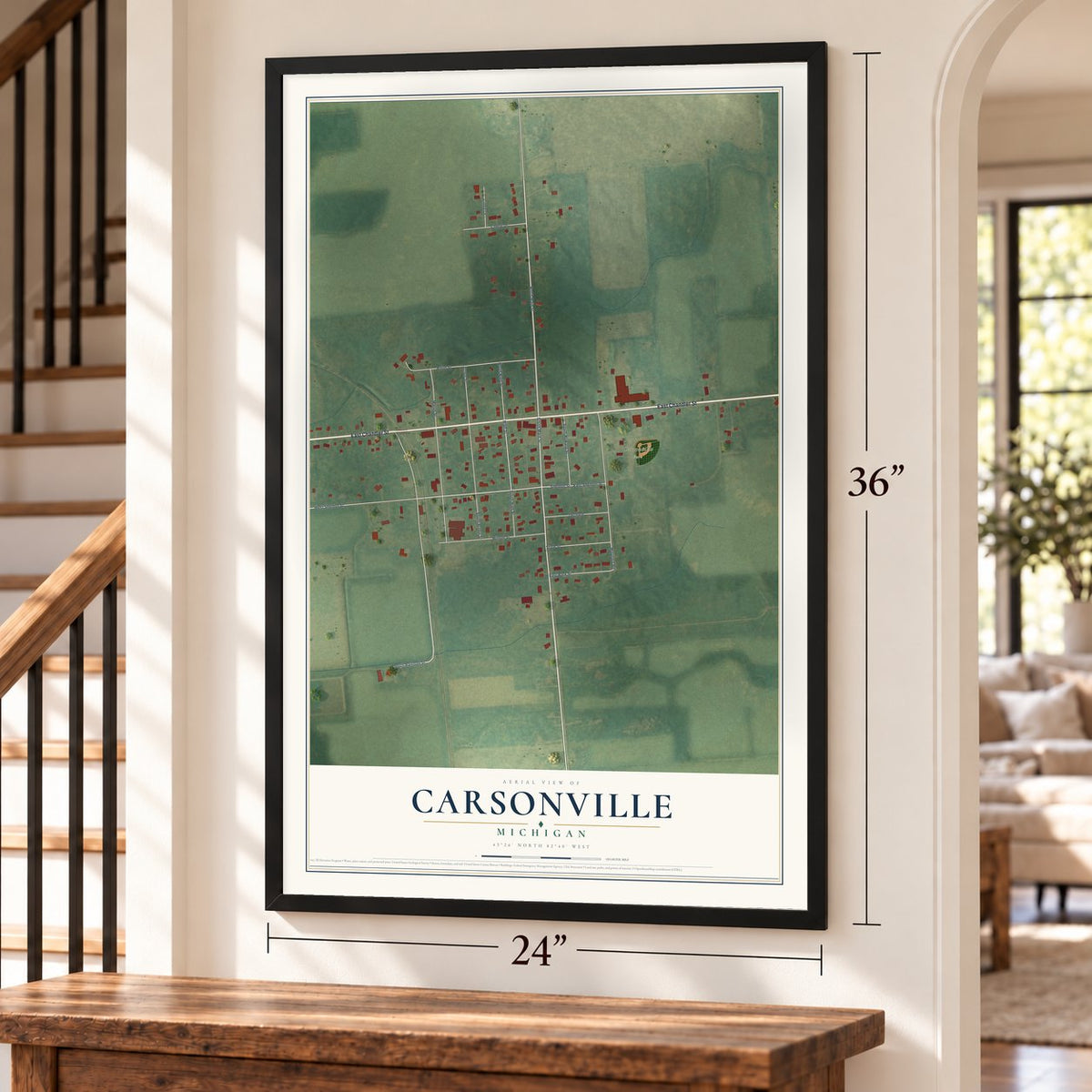 Carsonville, Michigan map, 24 x 36 inch print in a black frame by a staircase