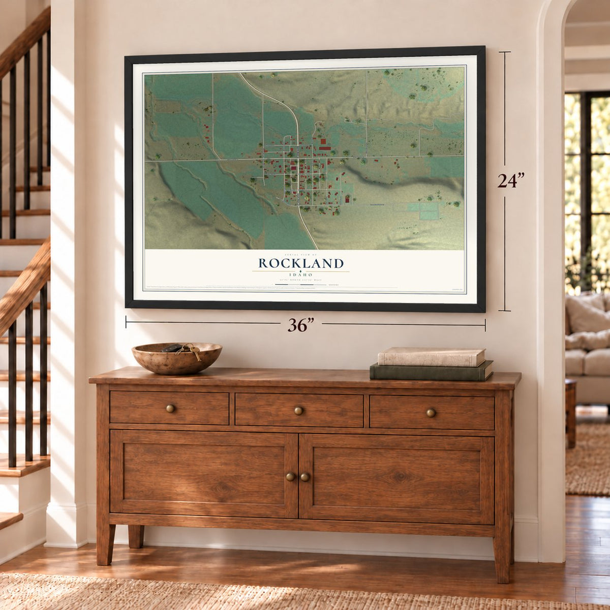 Rockland, Idaho map, 24 x 36 inch print in a black frame above a dresser by a staircase