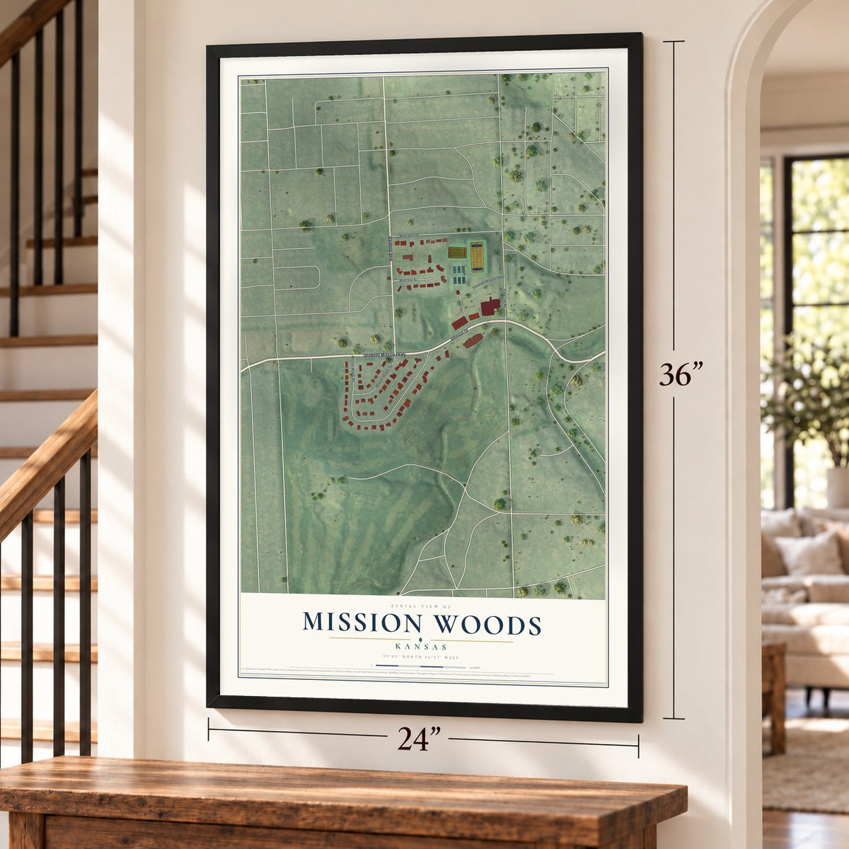 Mission Woods, Kansas map, 24 x 36 inch print in a black frame by a staircase