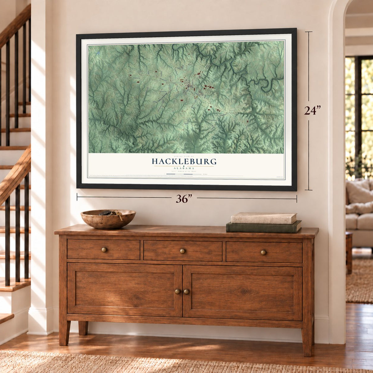Hackleburg, Alabama map, 24 x 36 inch print in a black frame above a dresser by a staircase