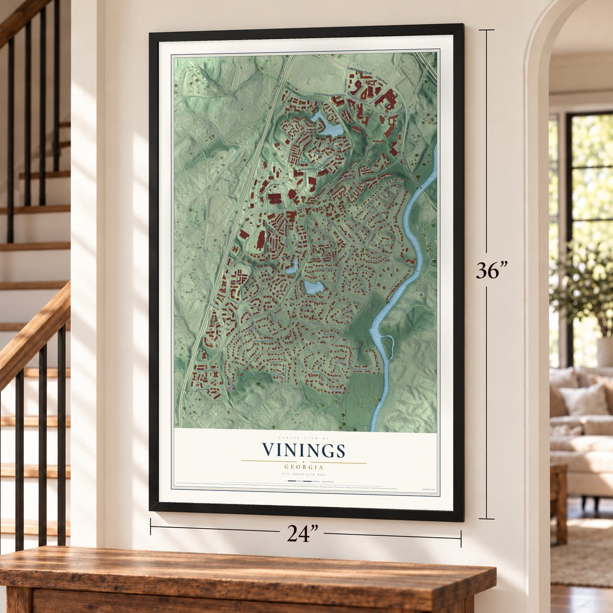 Vinings, Georgia map, 24 x 36 inch print in a black frame by a staircase