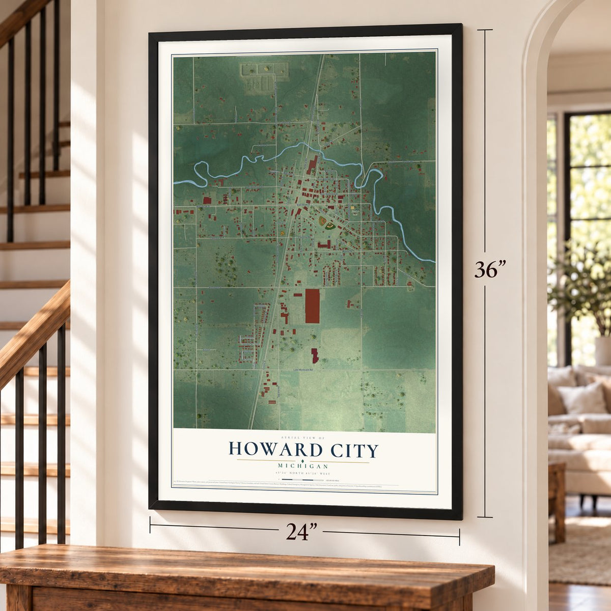 Howard City, Michigan map, 24 x 36 inch print in a black frame by a staircase