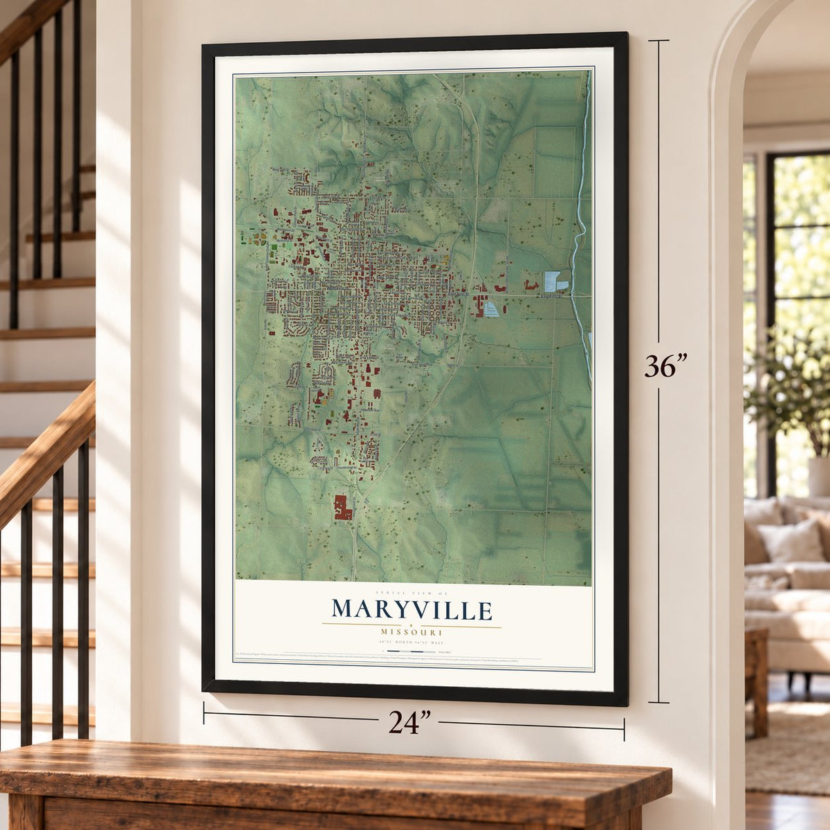 Maryville, Missouri map, 24 x 36 inch print in a black frame by a staircase