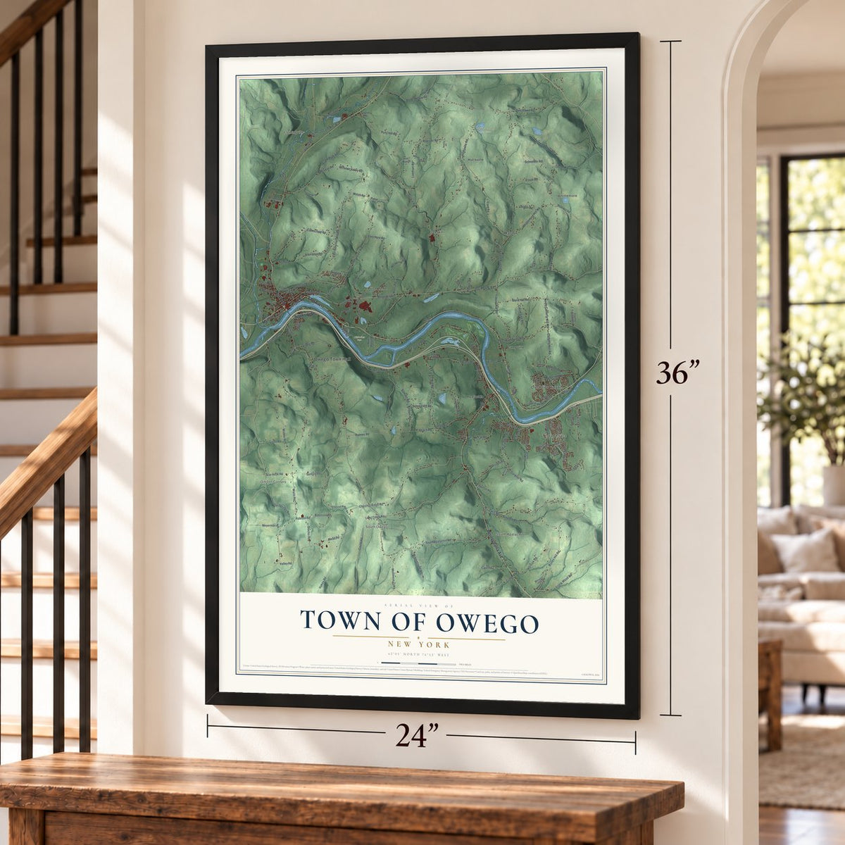 Town of Owego, New York map, 24 x 36 inch print in a black frame by a staircase