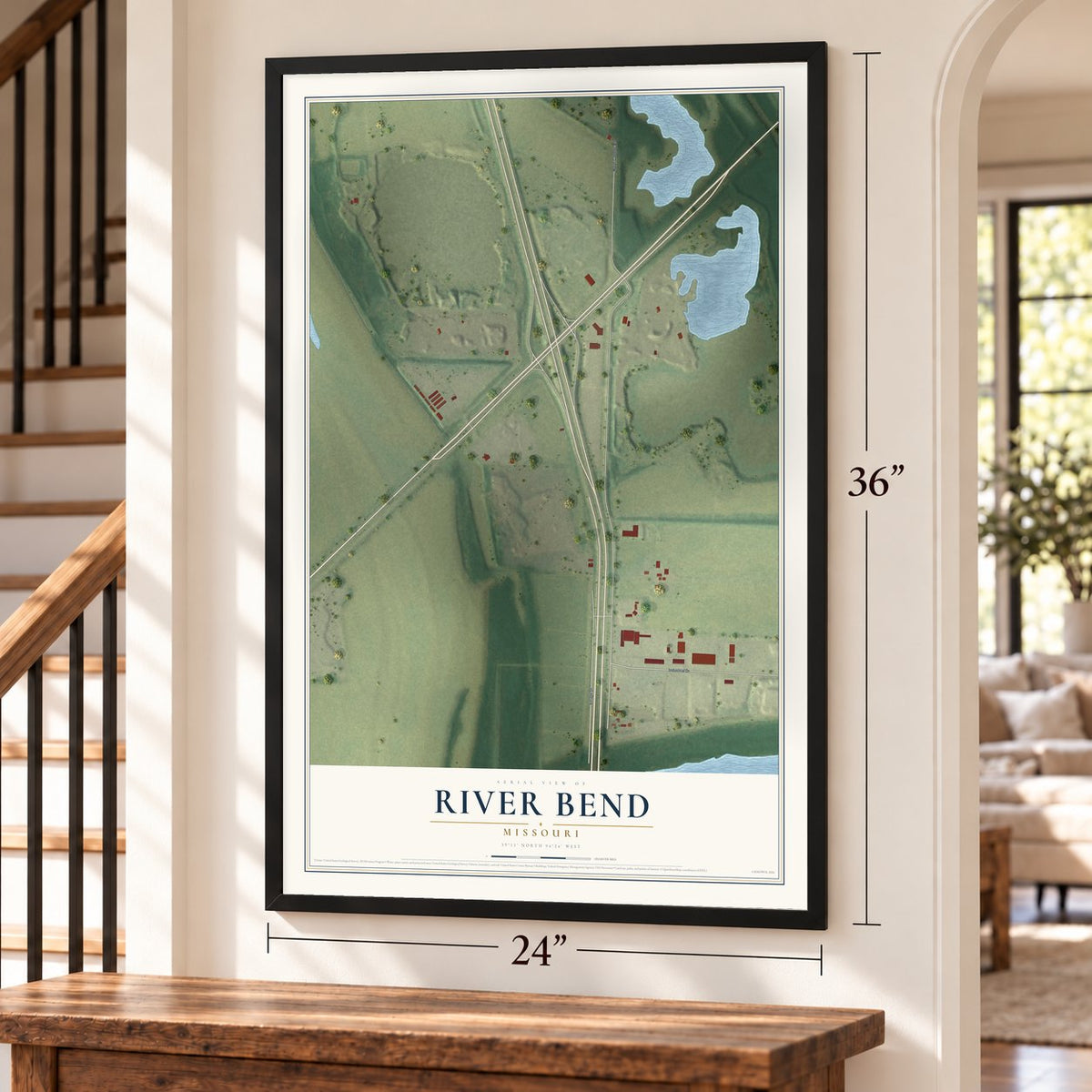 River Bend, Missouri map, 24 x 36 inch print in a black frame by a staircase
