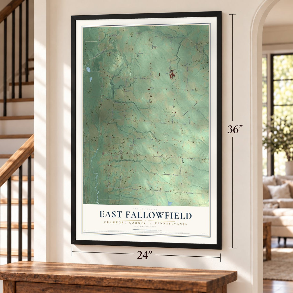 East Fallowfield, Crawford County, Pennsylvania map, 24 x 36 inch print in a black frame by a staircase