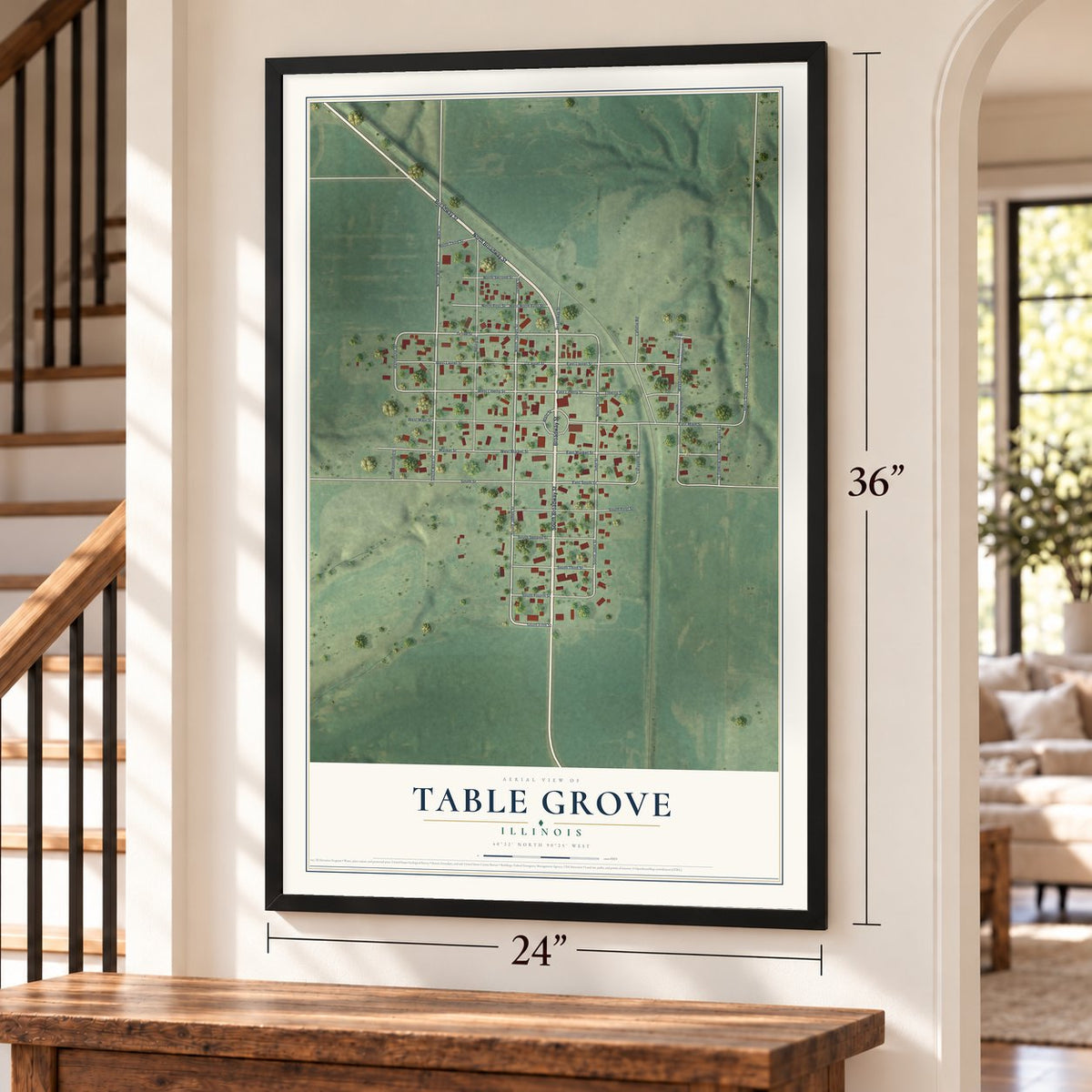 Table Grove, Illinois map, 24 x 36 inch print in a black frame by a staircase