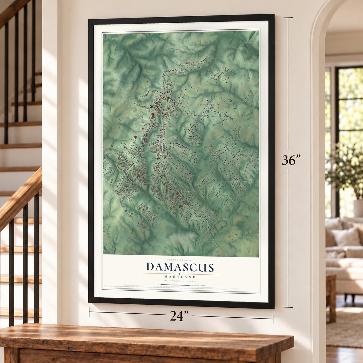 Damascus, Maryland map, 24 x 36 inch print in a black frame by a staircase