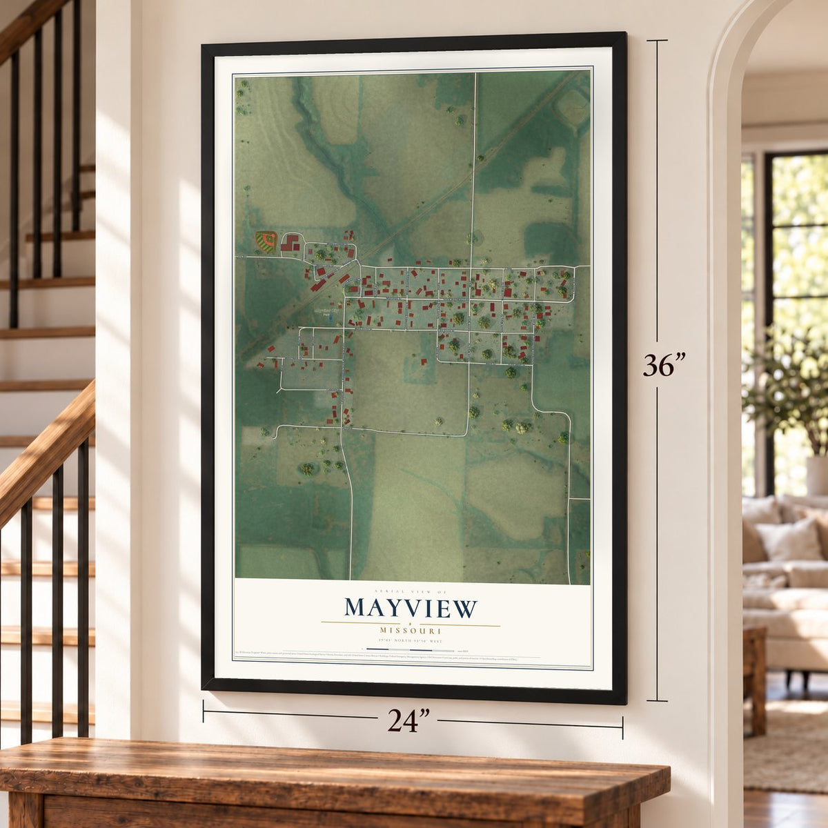 Mayview, Missouri map, 24 x 36 inch print in a black frame by a staircase