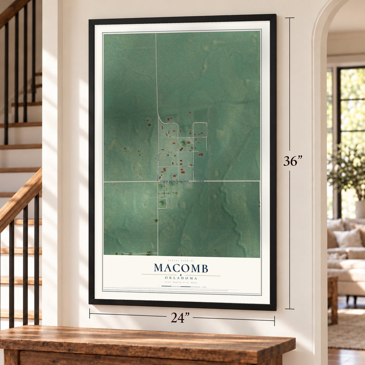 Macomb, Oklahoma map, 24 x 36 inch print in a black frame by a staircase