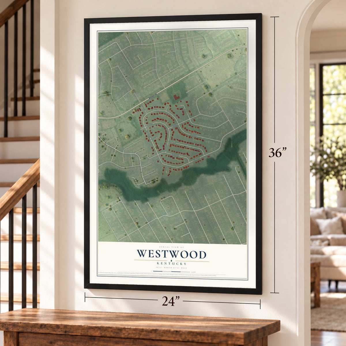 Westwood, Kentucky map, 24 x 36 inch print in a black frame by a staircase