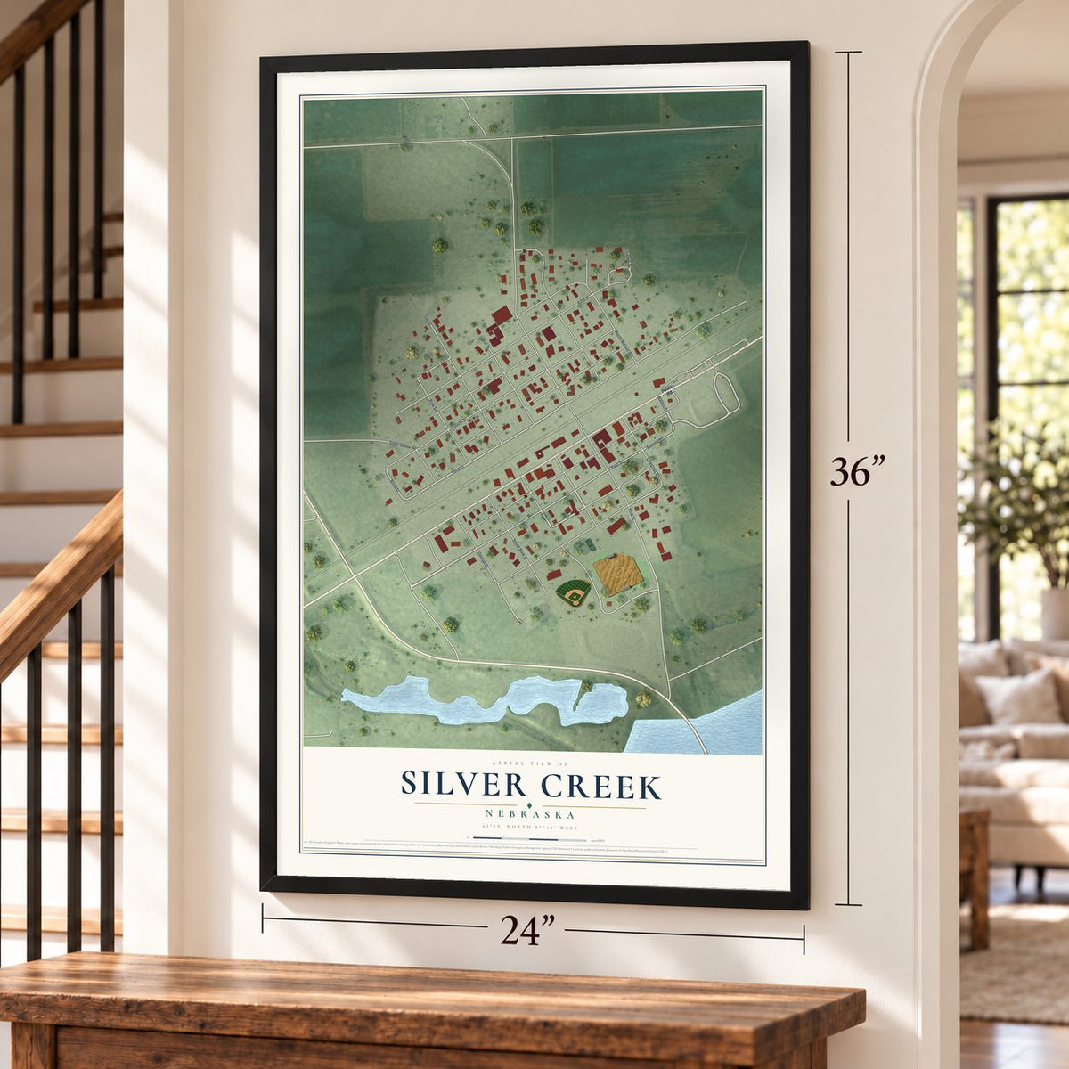 Silver Creek, Nebraska map, 24 x 36 inch print in a black frame by a staircase