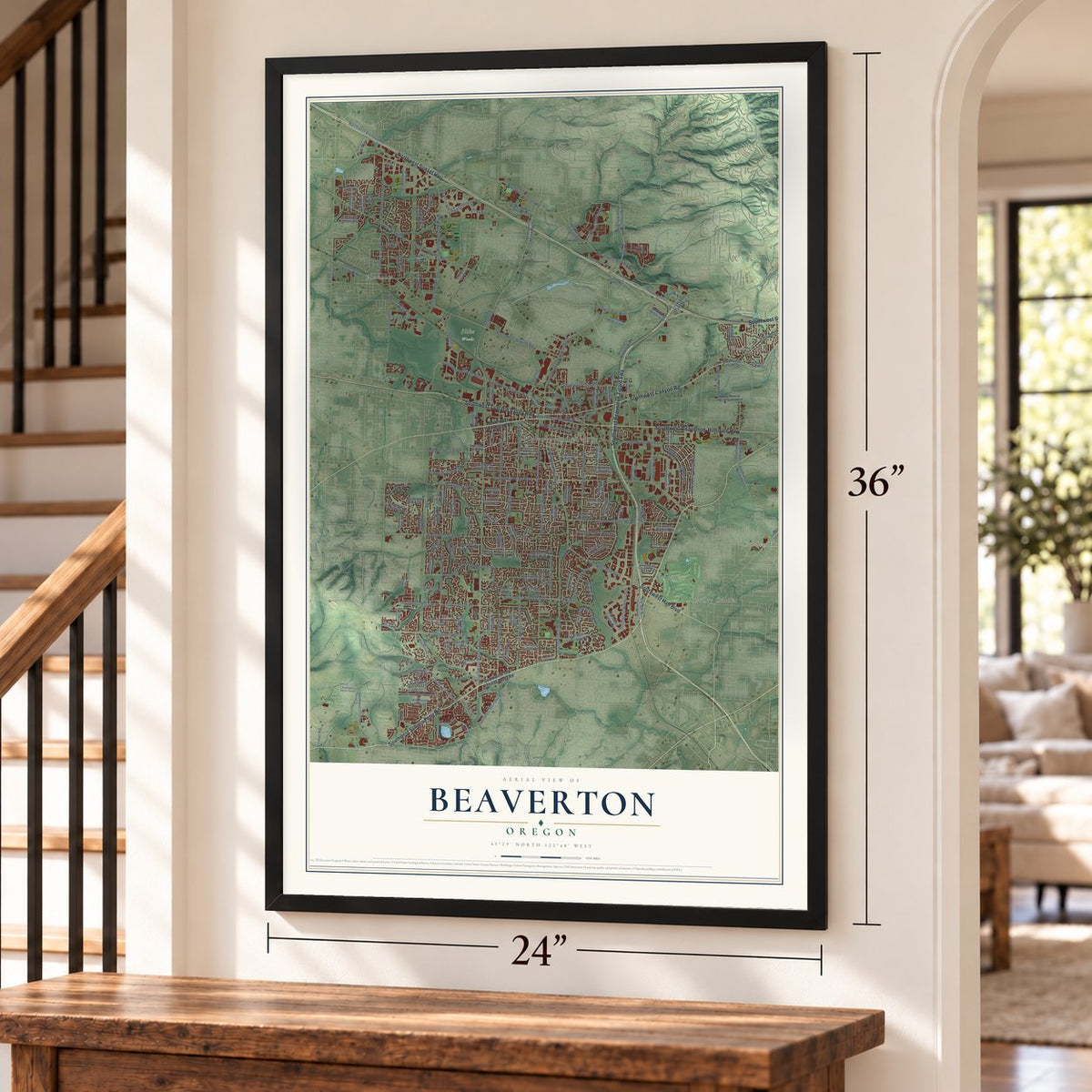 Beaverton, Oregon map, 24 x 36 inch print in a black frame by a staircase