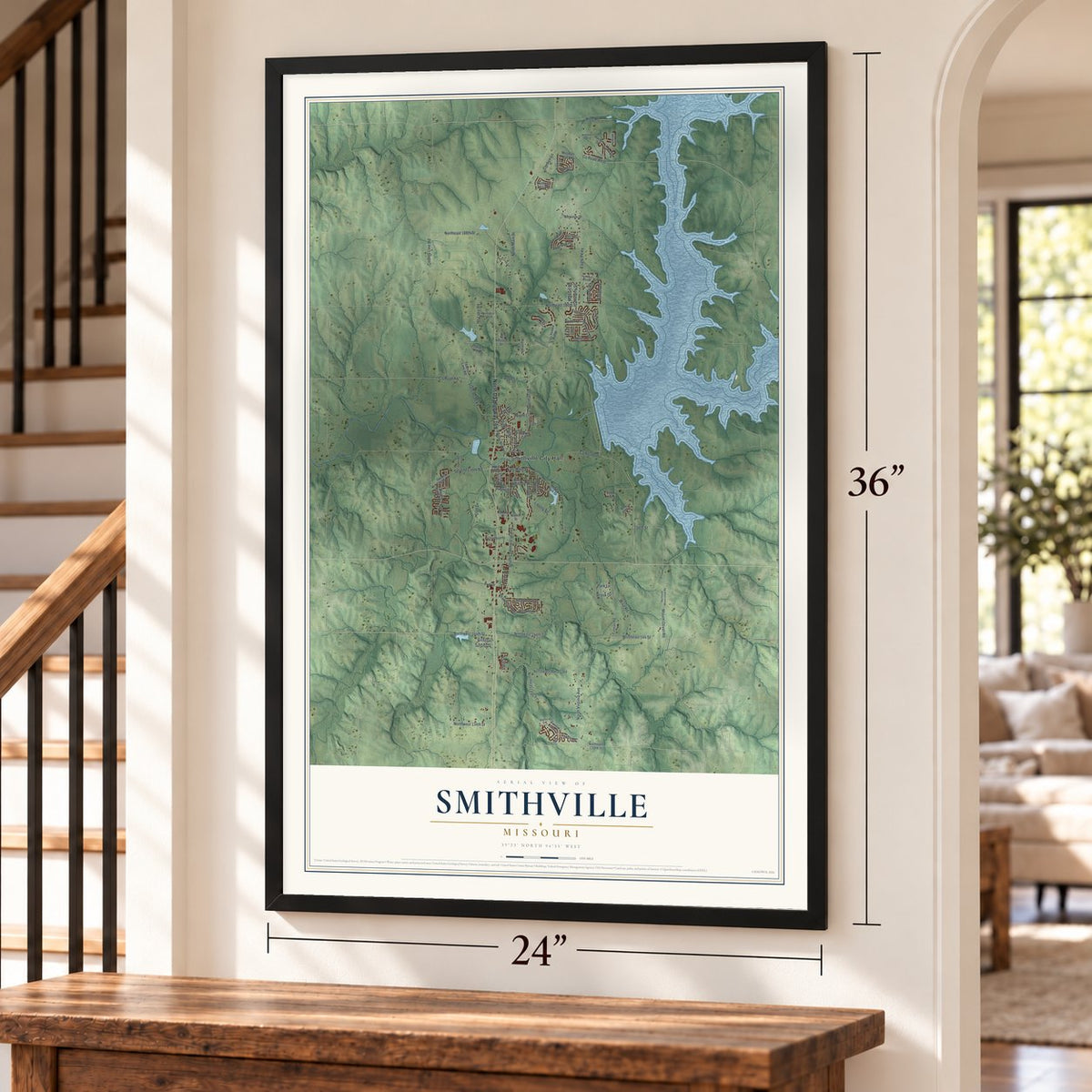 Smithville, Missouri map, 24 x 36 inch print in a black frame by a staircase