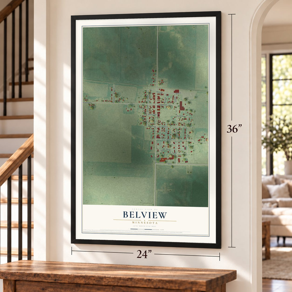 Belview, Minnesota map, 24 x 36 inch print in a black frame by a staircase